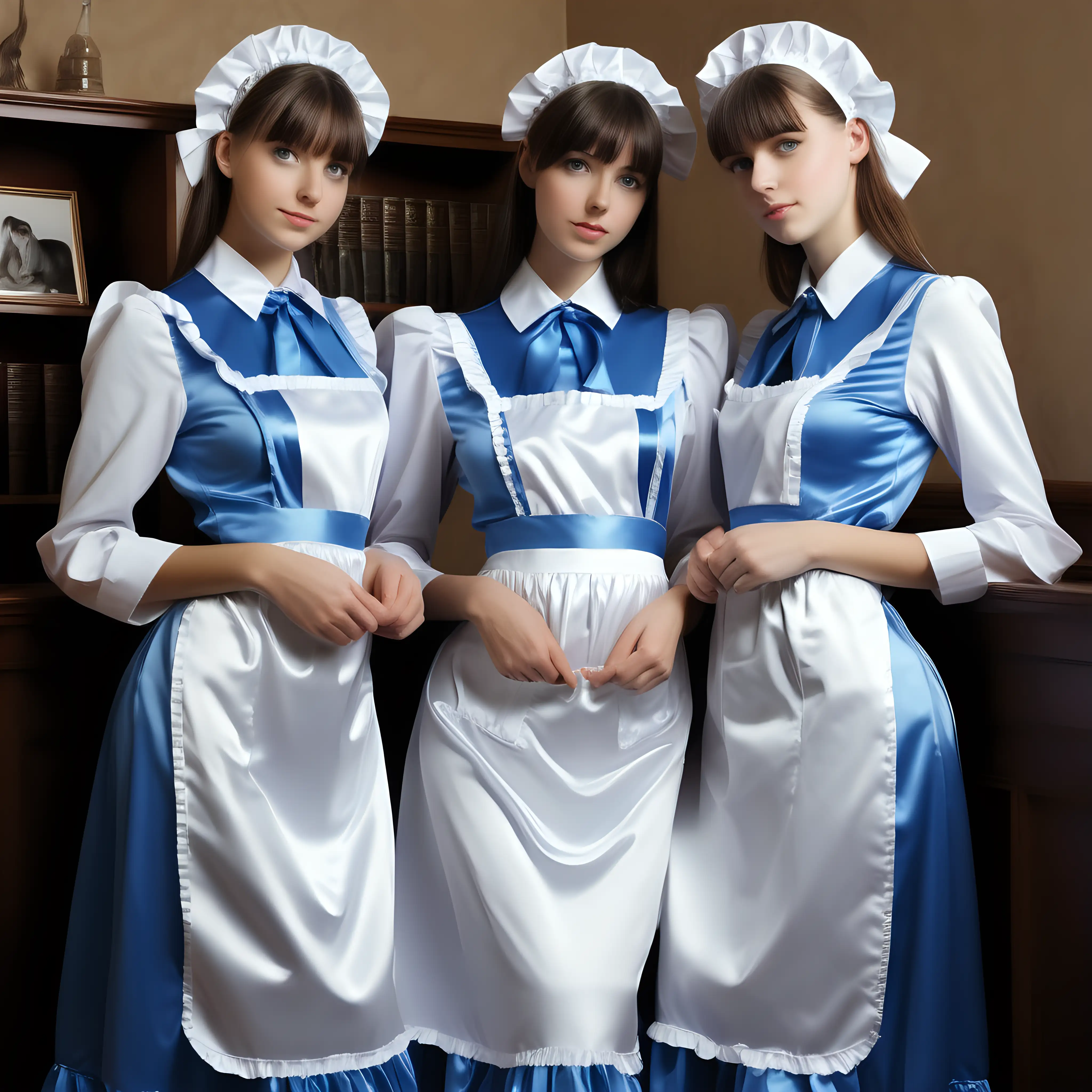 Elegant Girls in Satin Long Maid Uniforms Engage in Enchanting Tasks