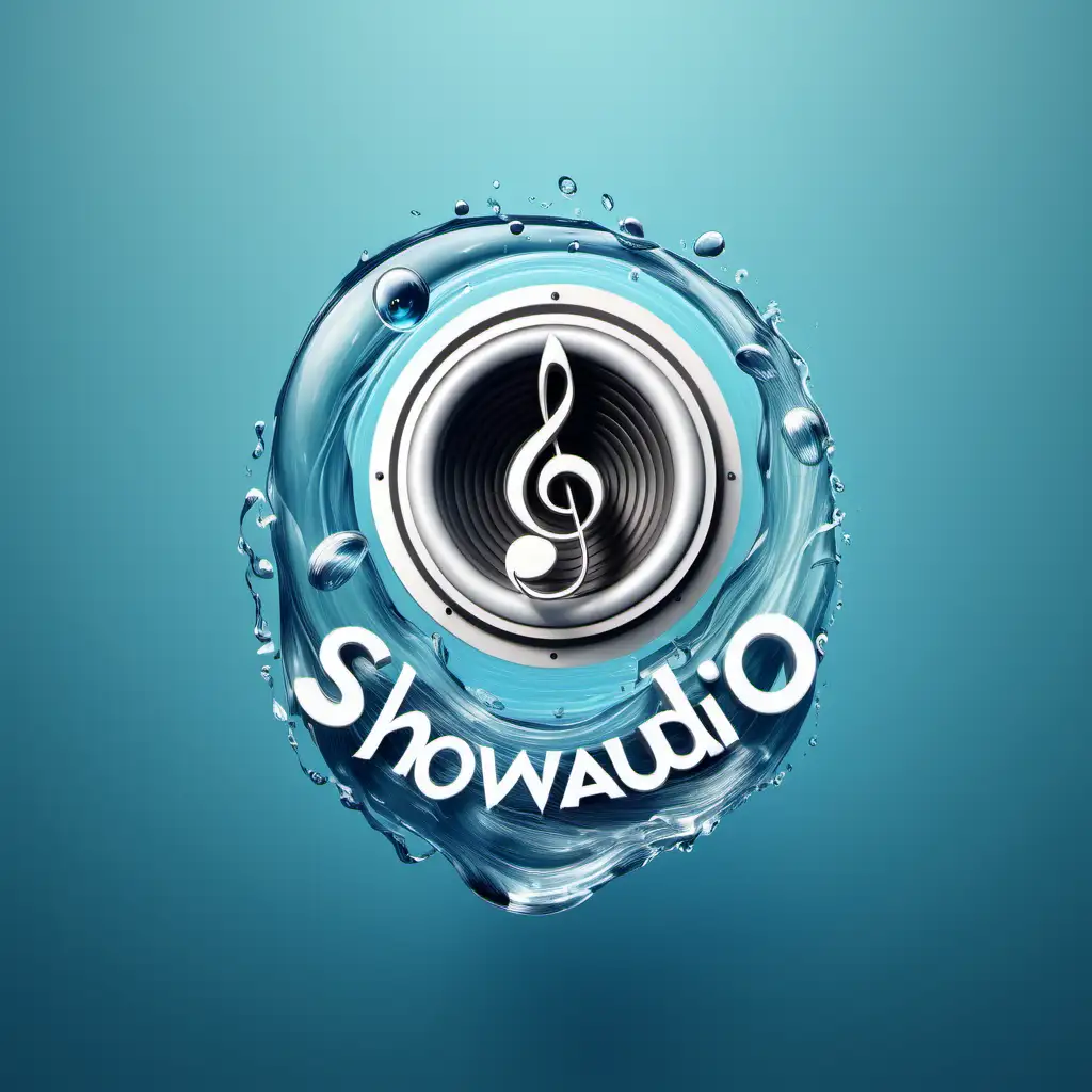 logo for showaudio written , with music note, speaker , water


