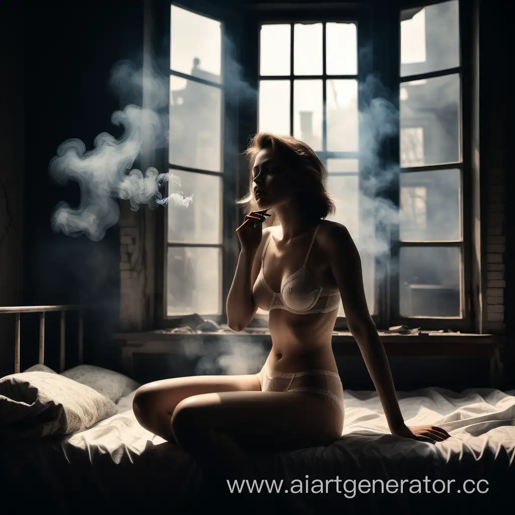 a girl in her underwear is sitting on a bed against the background of an old Soviet window, the room is in smoke from her cigarette photorealistically like in a photo studio dimmed light high detail and contrast