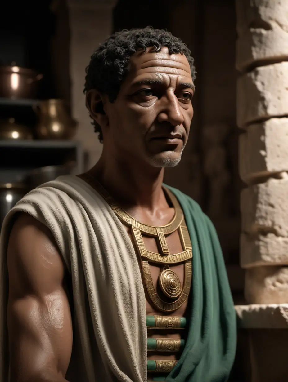 realistic semi-profile picture (front-facing) of a freed plebian ancient aged egyptian slave (backdrop of a ancient roman senators home/kitchen he works in). tiny bit of dark green in clothing and backdrop