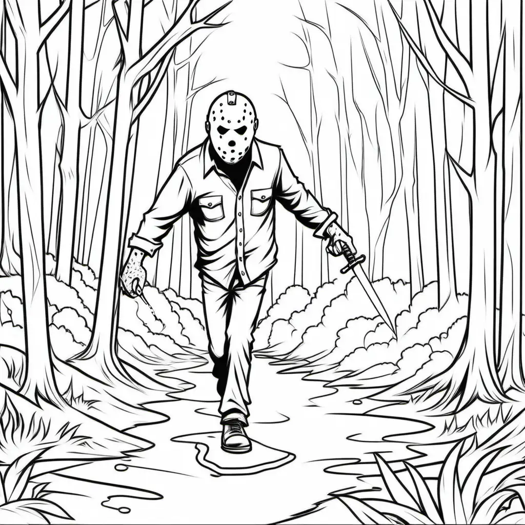 a simple black and white coloring book outline of scene from 'Friday the 13th' movie,