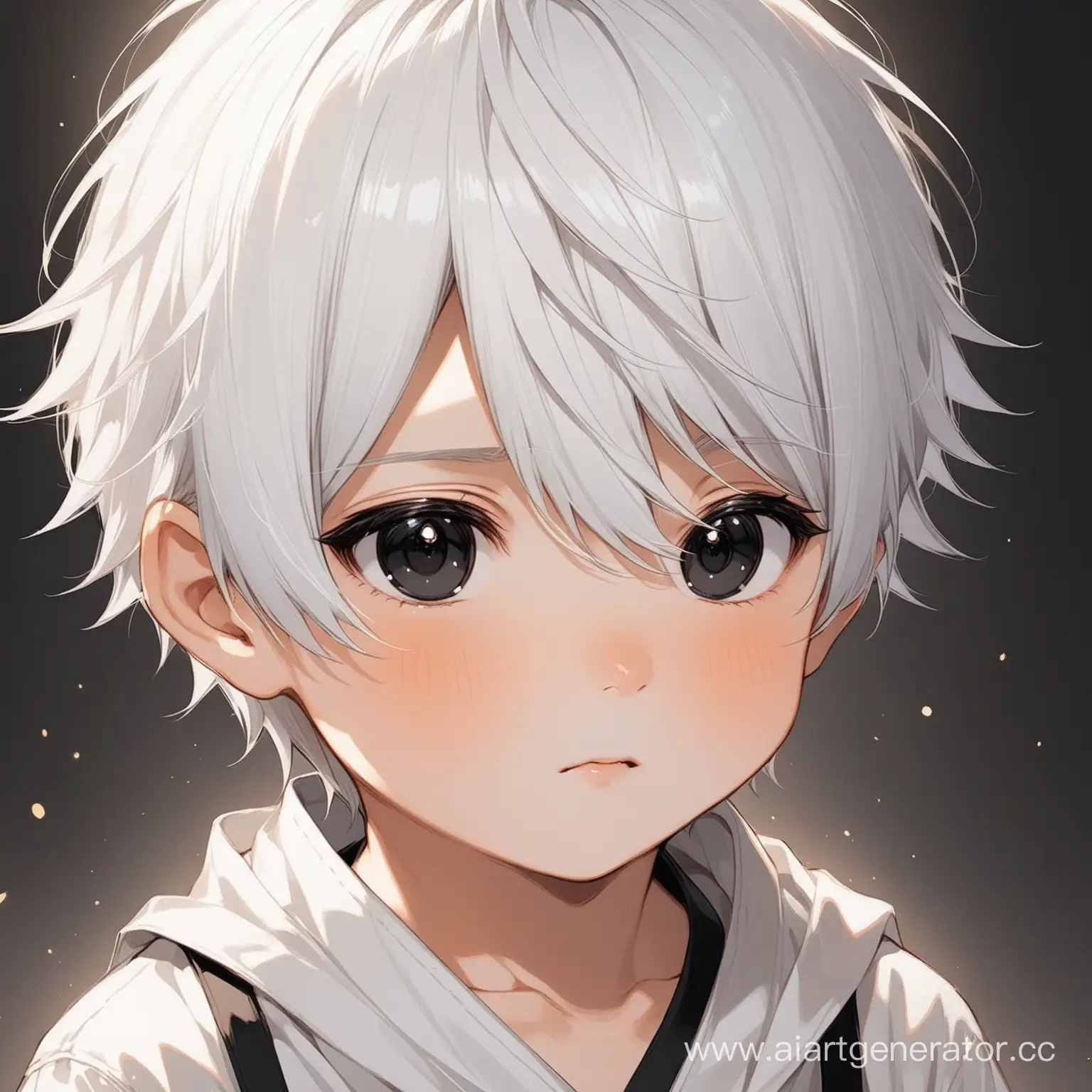 little boy, white hair, black eyes
