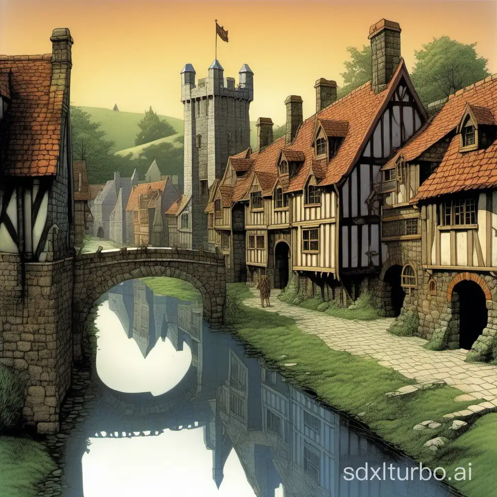 In the art style of Michael Whelan, generate an image of a small town based on a moat set in medieval Britain