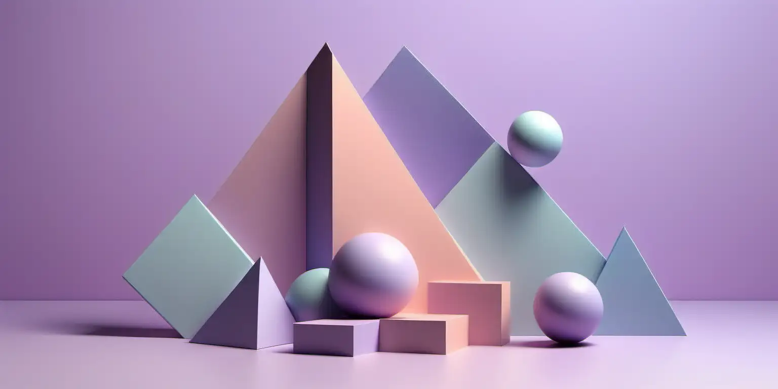 arte abstracto con colores pastel, formas sencillas en 3D sobre un fondo morado suave. 
