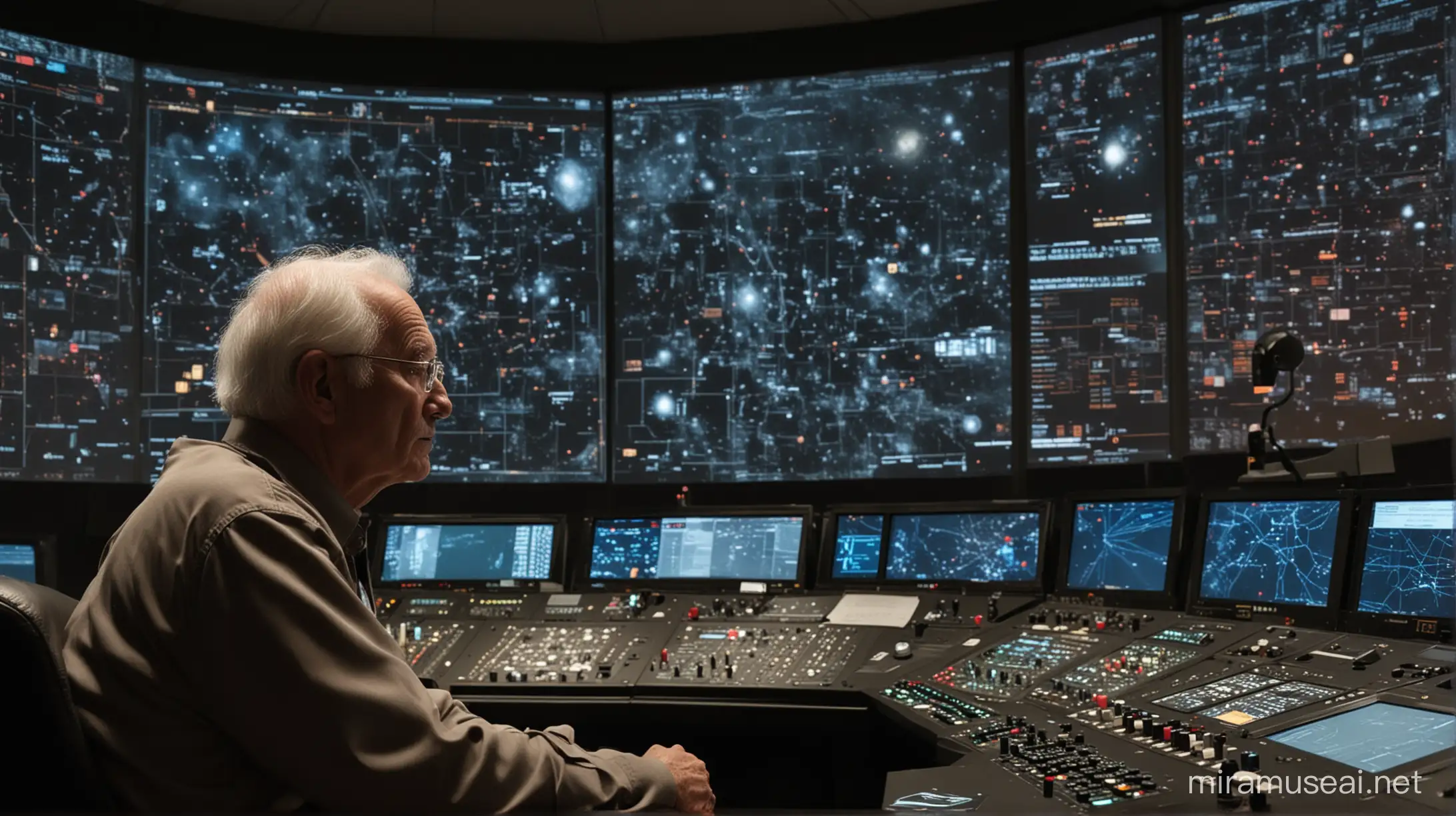 Illustrate a scene of quiet contemplation in the observatory's control room, with Jerry Ehman seated at the console, surrounded by screens displaying data from the cosmos. Show him deep in thought, his eyes alight with a spark of curiosity as he reflects on the profound implications of the Wow Signal. Let the image evoke a sense of wonder and humility, reminding viewers of the tantalizing mysteries that lurk within the depths of the universe, forever beyond the grasp of human comprehension