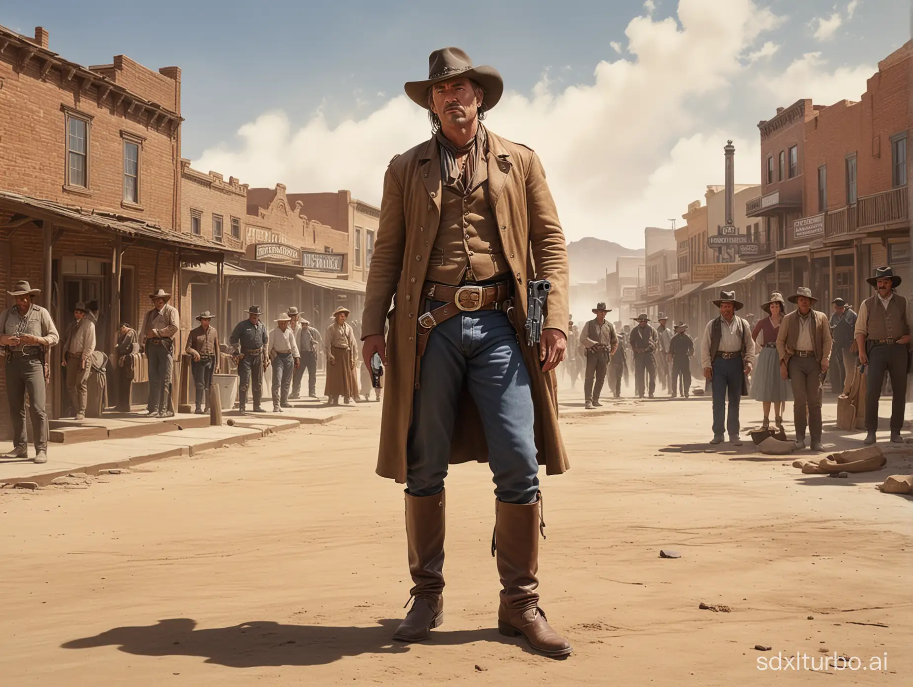 Wild West gun slinger Wild Bill Hikok stand broad legged and ready to draw his military issue Colt six shooter in the dsty town square as on lookers watch  extremely photo realistic imaging..