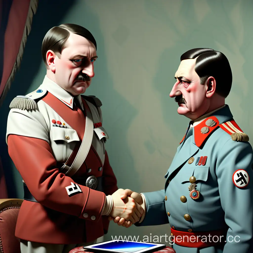 Адольф Гитлер в костюме Наполеона с айпадом в руках пожимая руку Сталину