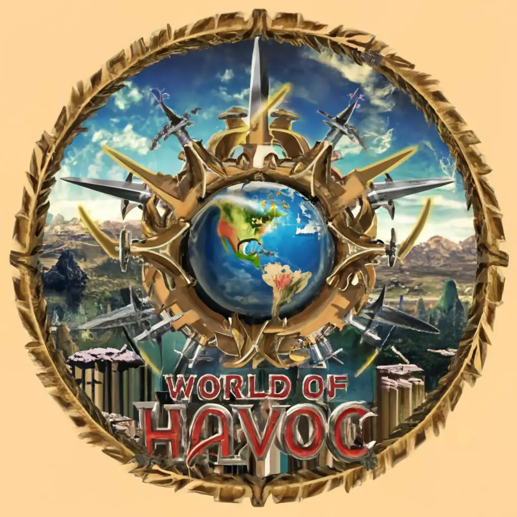 logo, a futuristic landscape as the background, a circular chaos symbol with eight arrows pointing outward in a circular shape, with earth at the center of the logo, with the bold text 'WORLD OF HAVOC' placed around the outside curve pf the logo, typography, be used in Entertainment industry