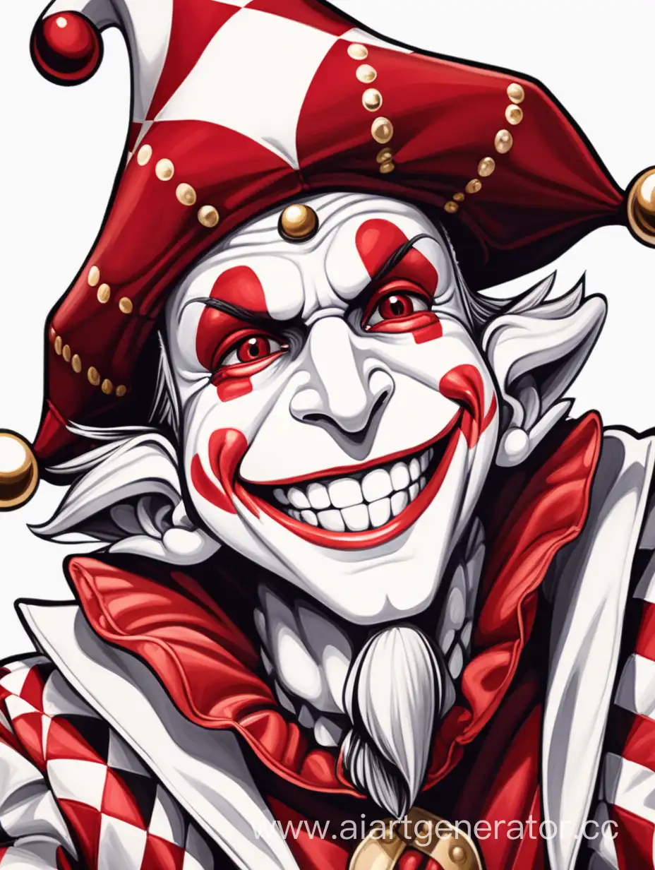 Cheerful-Arlequin-in-Red-and-White-Jesters-Cap