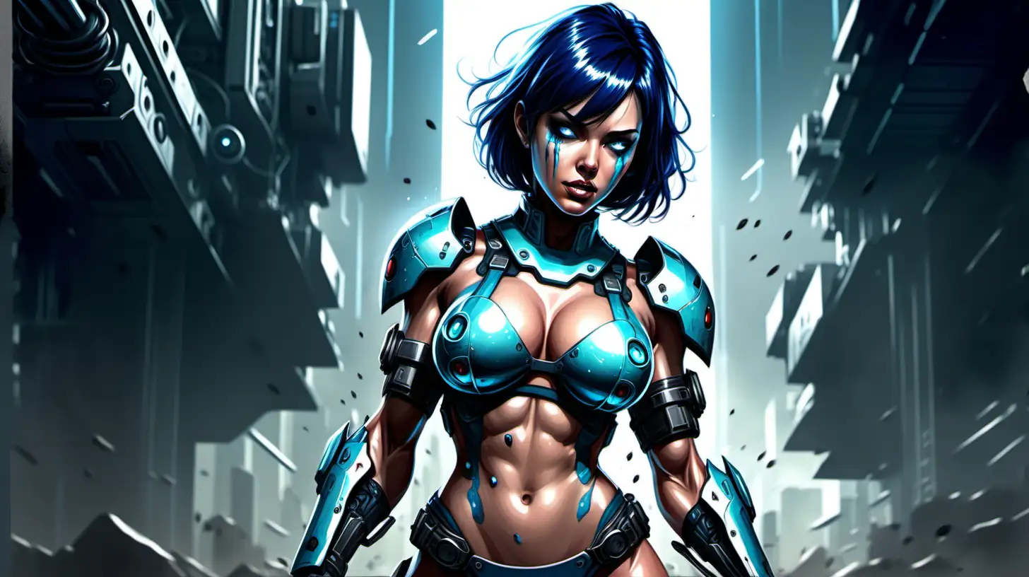 Generate an AI drawing that transports us to a gripping and retro-futuristic showdown, featuring a  shirtless female android hero with big breasts. This muscular female stands dripping wet and bloodied, exuding exhaustion and resilience after an intense one-on-one duel against a rogue robot adversary who had the upper hand.
The android hero possesses facial features that include glowing aquamarine eyes, short navy blue hair, a rugged 5 o'clock shadow, and a big chest. She's attire consists of short shorts, futuristic bracelets, and leg armor that hint at his technological prowess.
Despite the battle-worn appearance, the hero's facial expression assures the viewer that he is unscathed and ready for the next challenge. This drawing captures the essence of retro-futuristic heroism, with the android's determination and resilience shining through even in the face of formidable odds