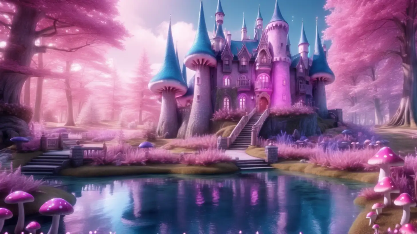 Enchanted fairytale castle surrounded by magical forest and mushrooms with pond. Pink. Purple. Blue. 8K