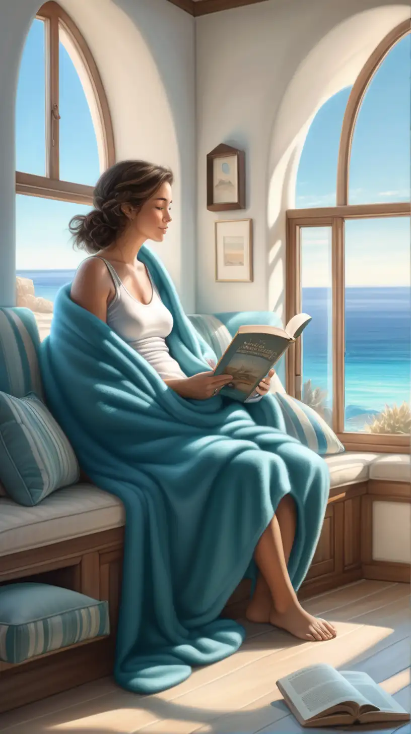 Tranquil Ocean View Reading Nook Woman Relaxing by the Azure Sea