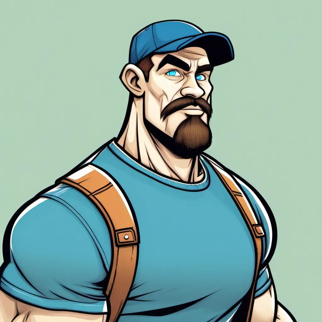  large muscular white man with a ball cap, goatee, blue eyes, with a tee shirt and jeans on, cartoon style, large bushy eyebrows, 

