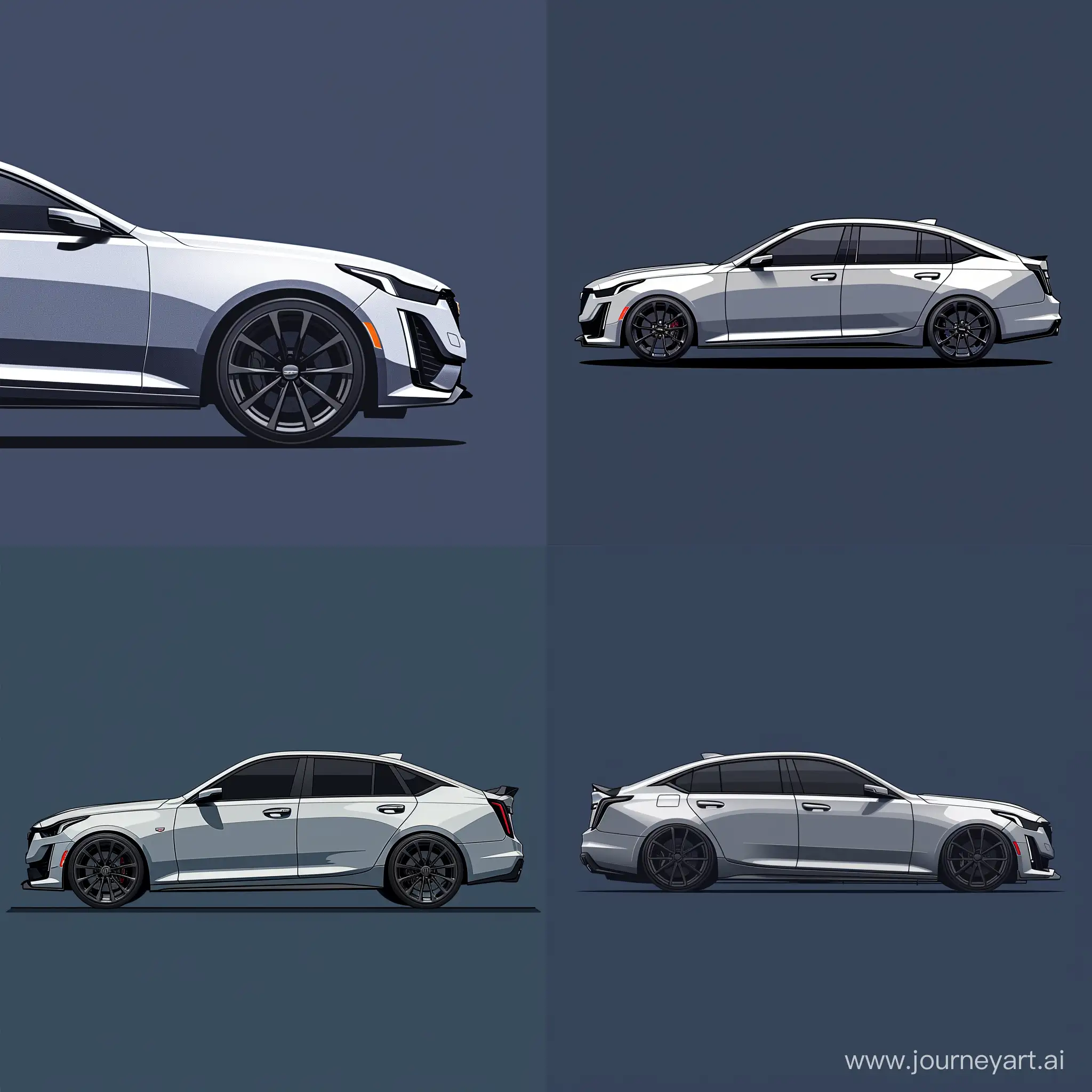 Minimalist 2D Viewing Angle 45° Illustration of: Silver Cadillac CT5, Rims Color: Black, Simple Navy Blue Background, Adobe Illustrator Software, High Precision