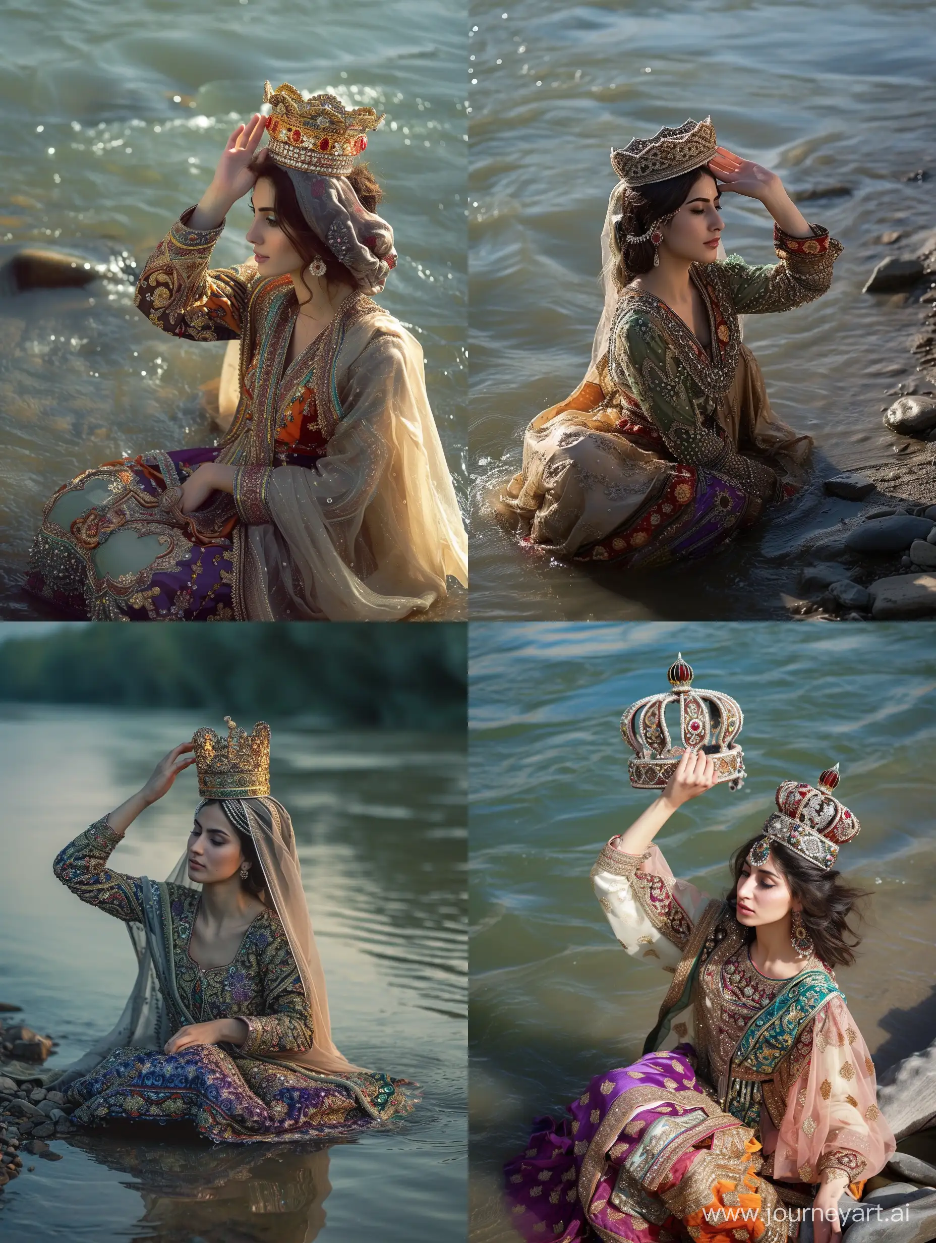 A Persian princess in a traditional Iranian dress and a crown on her head is sitting on the edge of the river and touches the crown with her left hand.