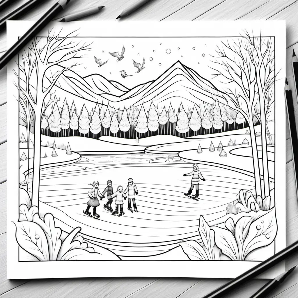 clean coloring book page of A charming, frozen lake with ice skaters in the winter, black and white