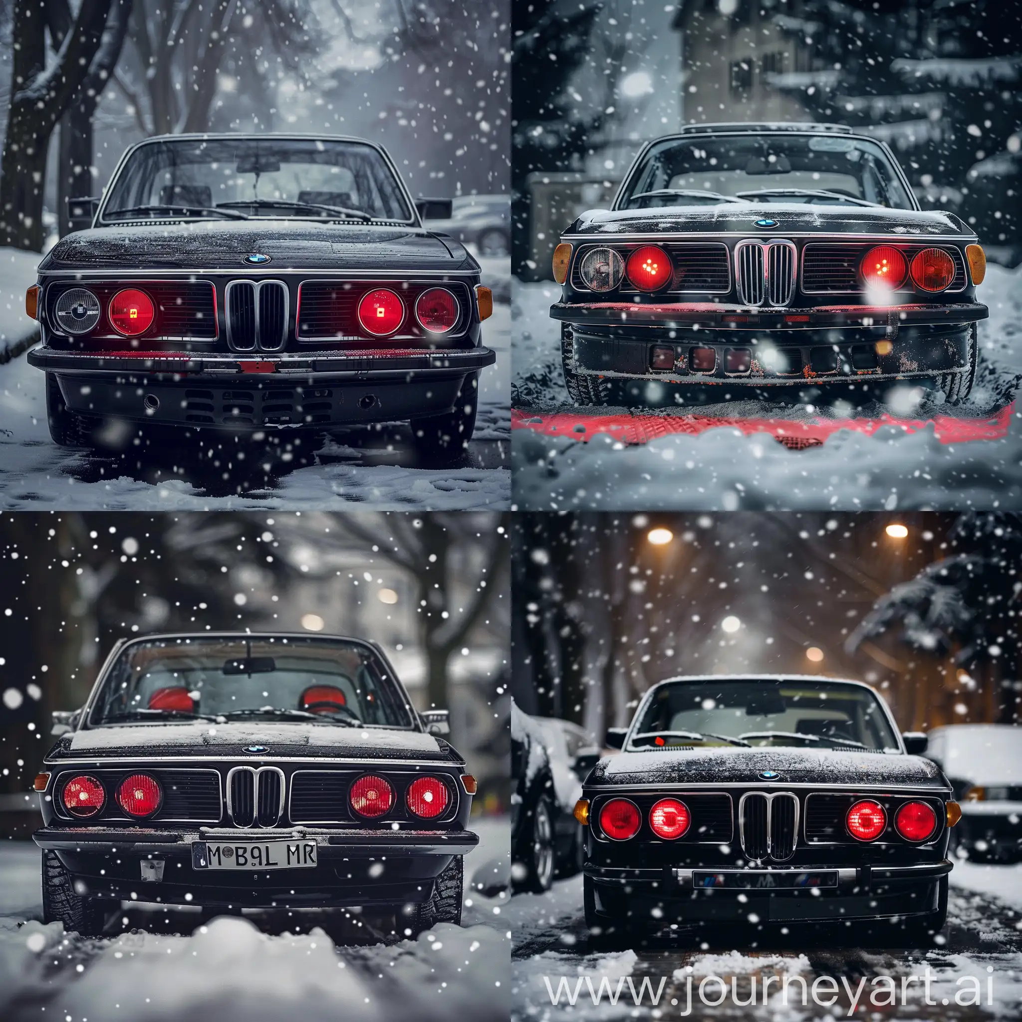 Vintage-BMW-with-Red-Headlights-in-Snowy-Setting