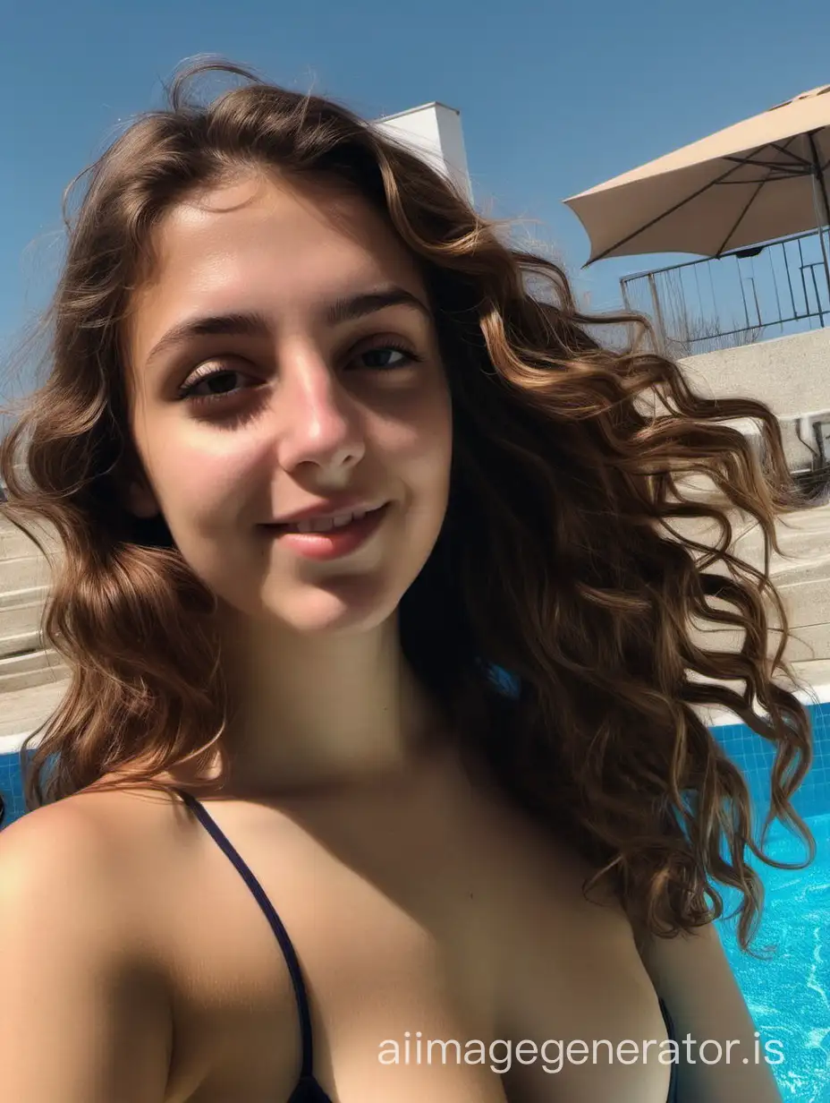 a photo of Michela, an Italian prosperous girl, just came back home from college with brown wavy hair, sunbathing after swimming without a bikini