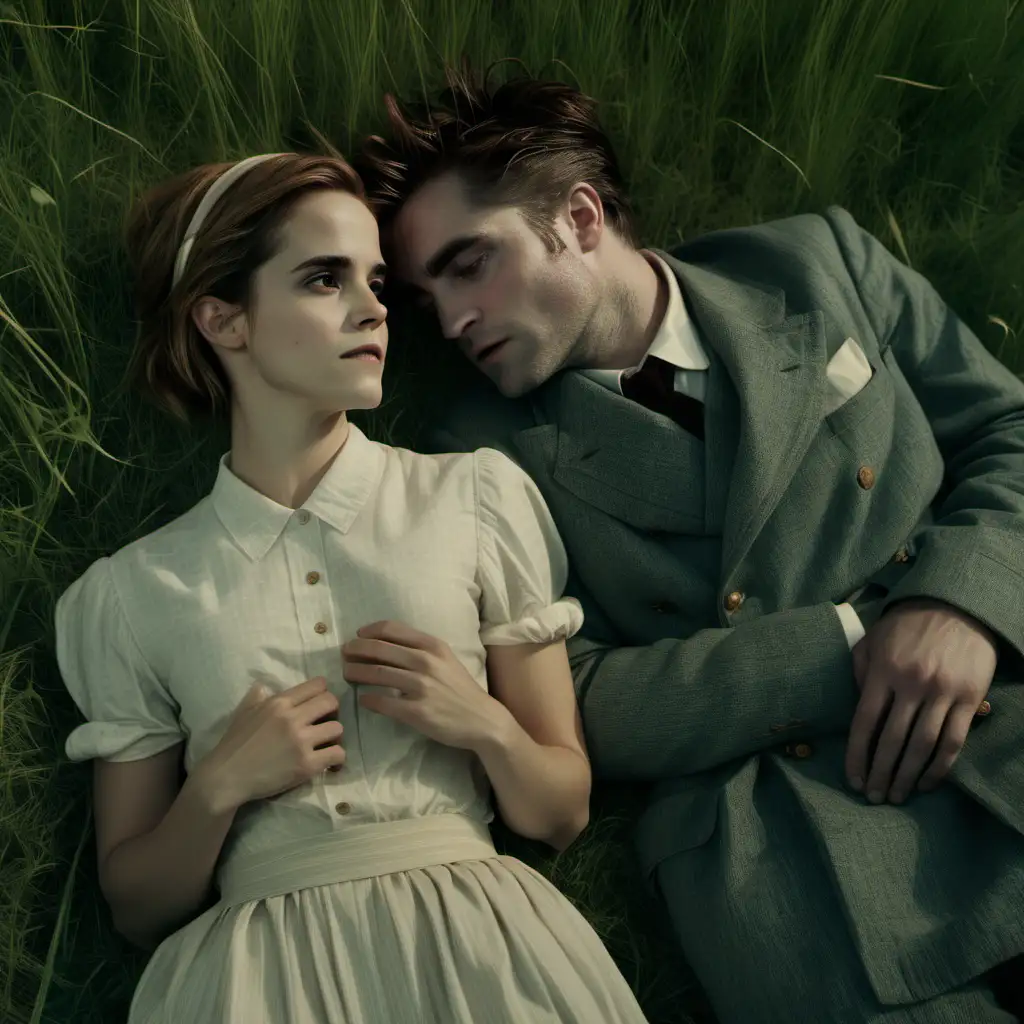 Emma Watson, Robert Pattinson, cinematic portrait of couple lying down, romantic tension, meadow setting, intense atmosphere, early morning, vintage French clothes