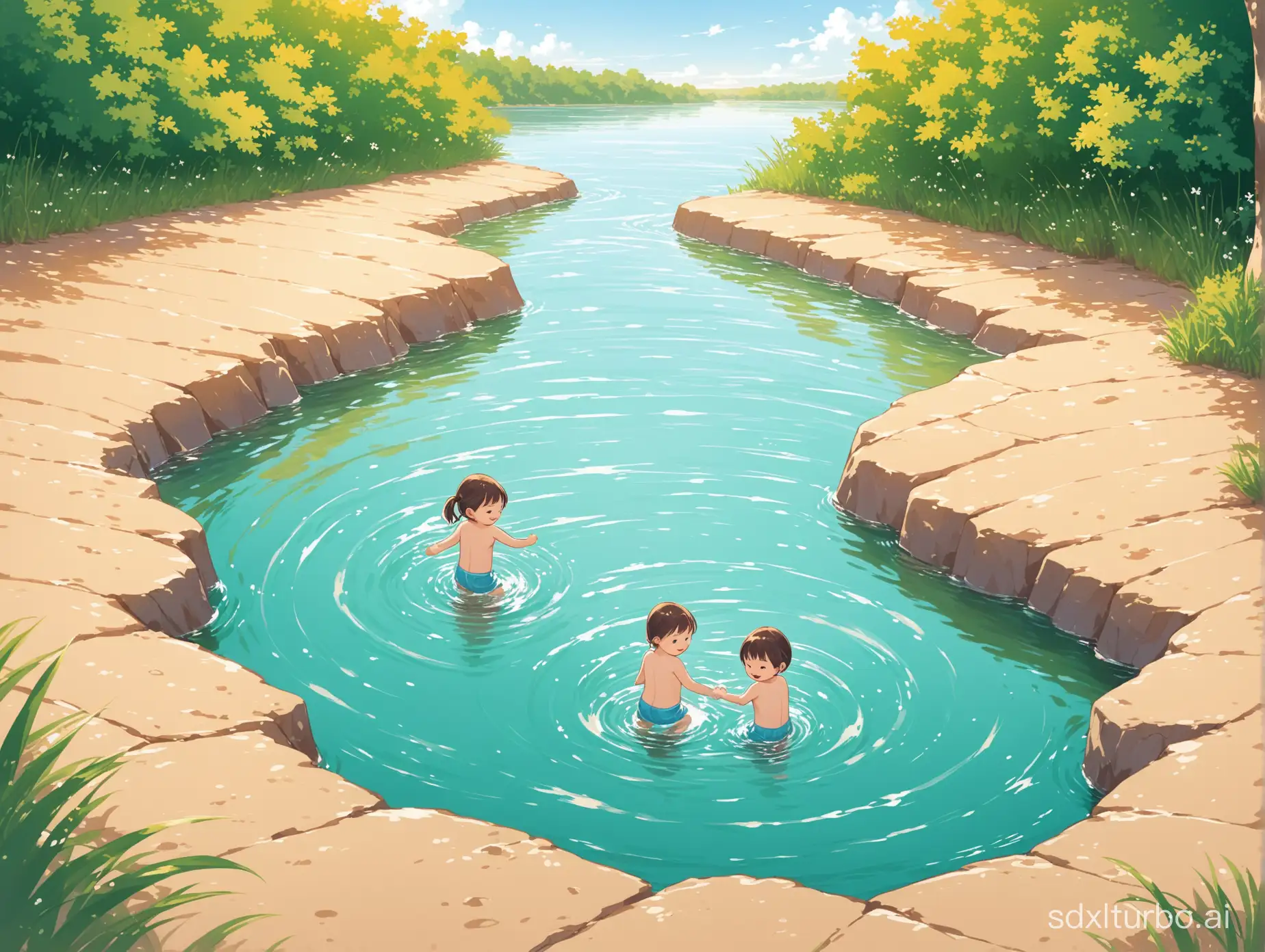 make a picture that depicts two small children playing in the river