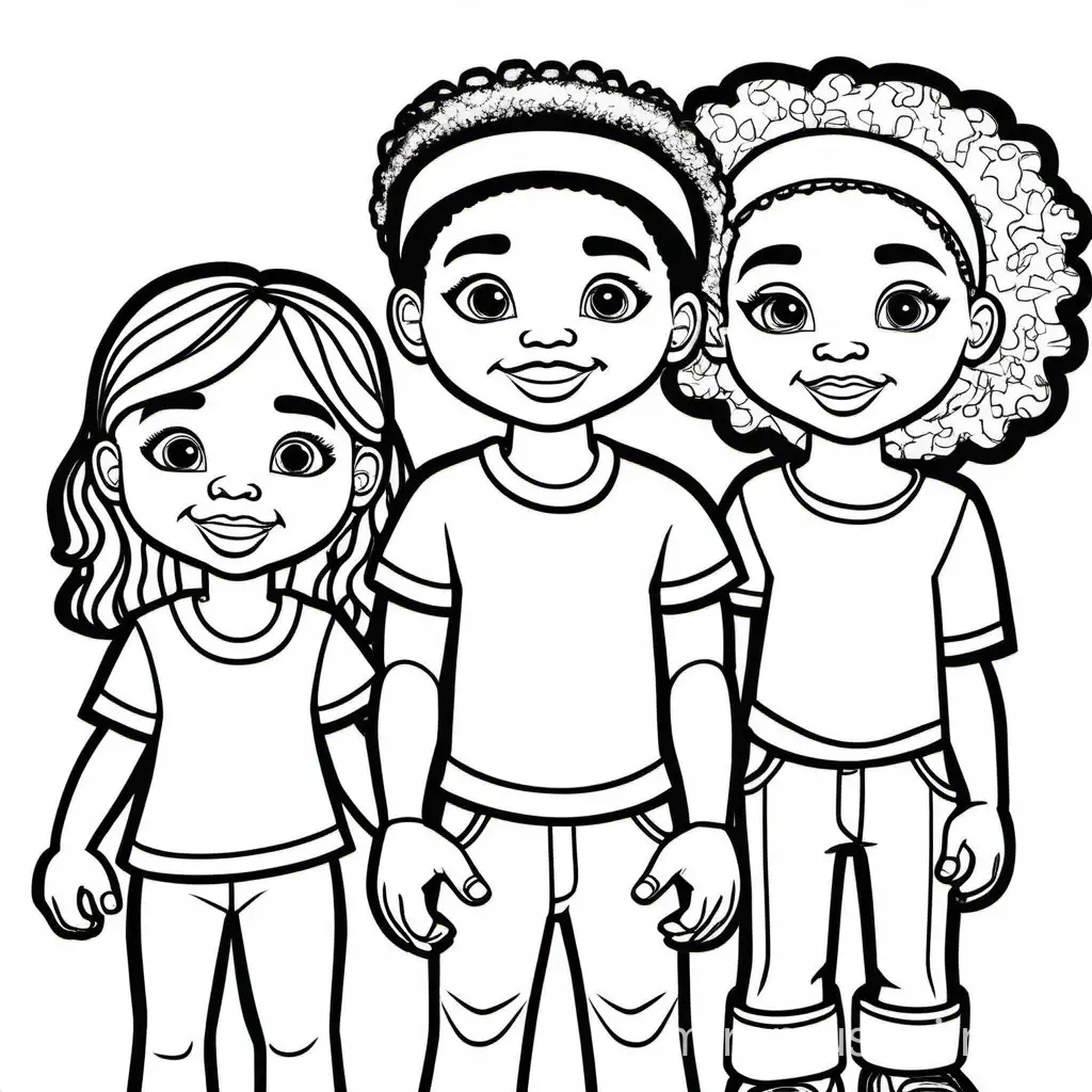Confident Black Kids Coloring Page Simple Outlines on White Background