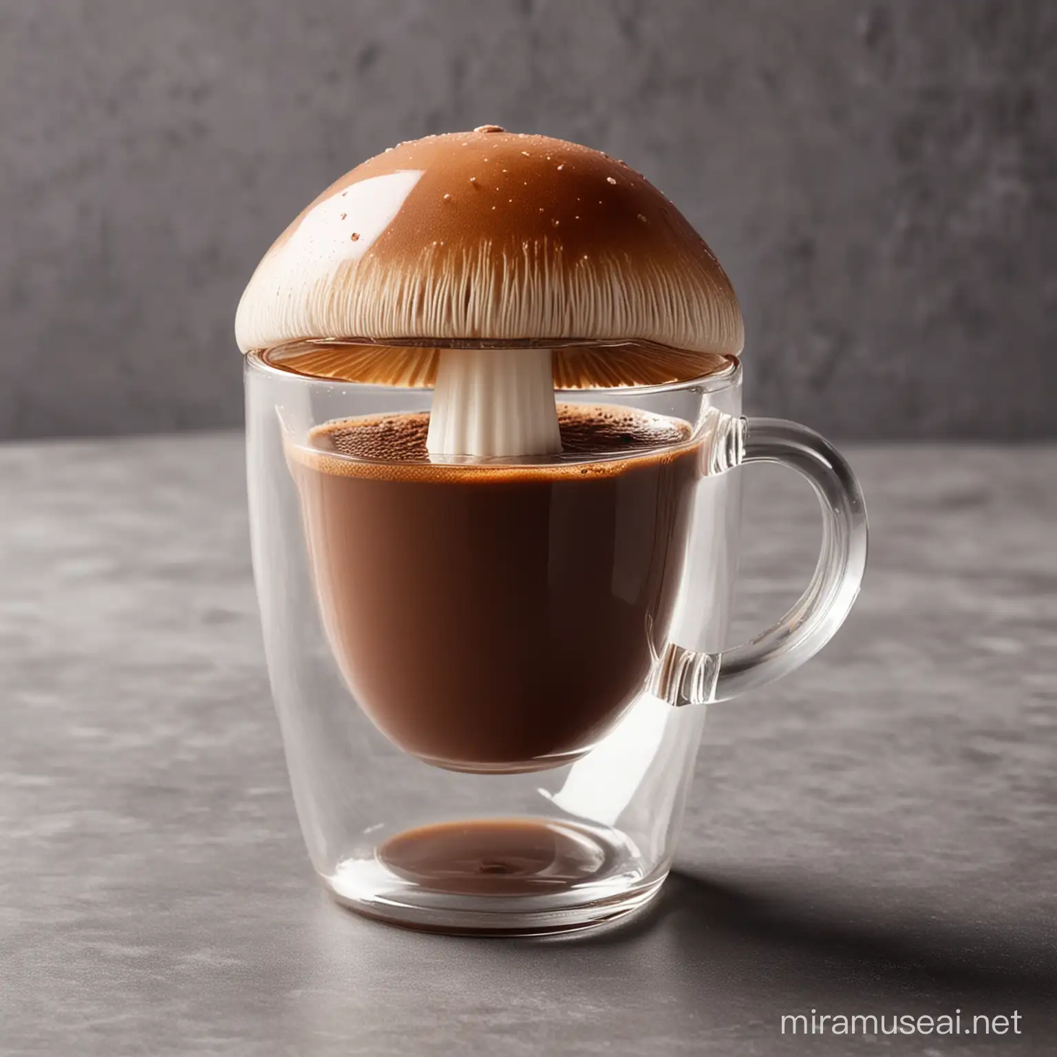 "A transparent cup in the shape of a mushroom filled with hot chocolate 
"