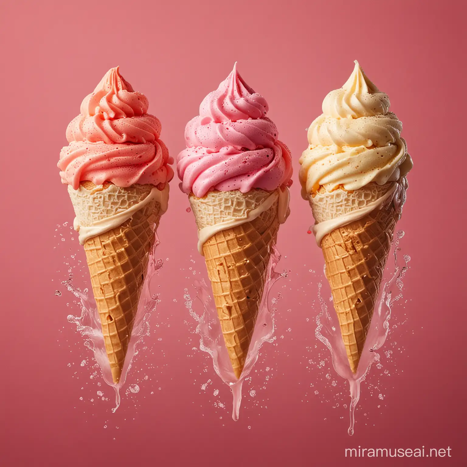 Studio picture of 4 twisted ice creams. One ice cream has a pink color, the second a cappuccino color, the third a tangerine color, the fourth an iced raspberry color. Around the ice creams I want there to be a motif of each flavor, for example some splashes. Each icecream has only one color. Each ice cream has the same cone. The picture will serve as a teaser for the new flavours. Red background. Ultra-realistic.