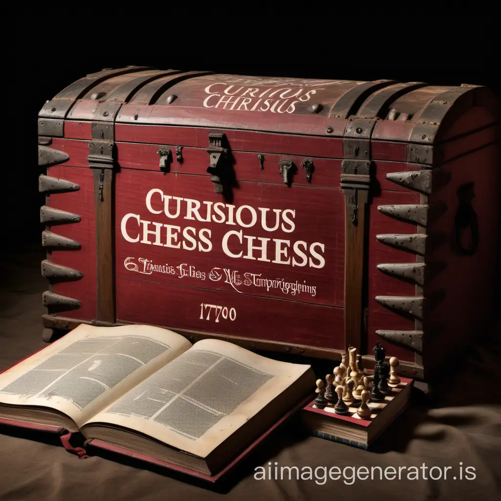 an old wooden trunk, dusty and open, inside a chessboard and an ancient book with a worn dark red cover and the writing engraved in 1700s typographical characters "Curious Chess"