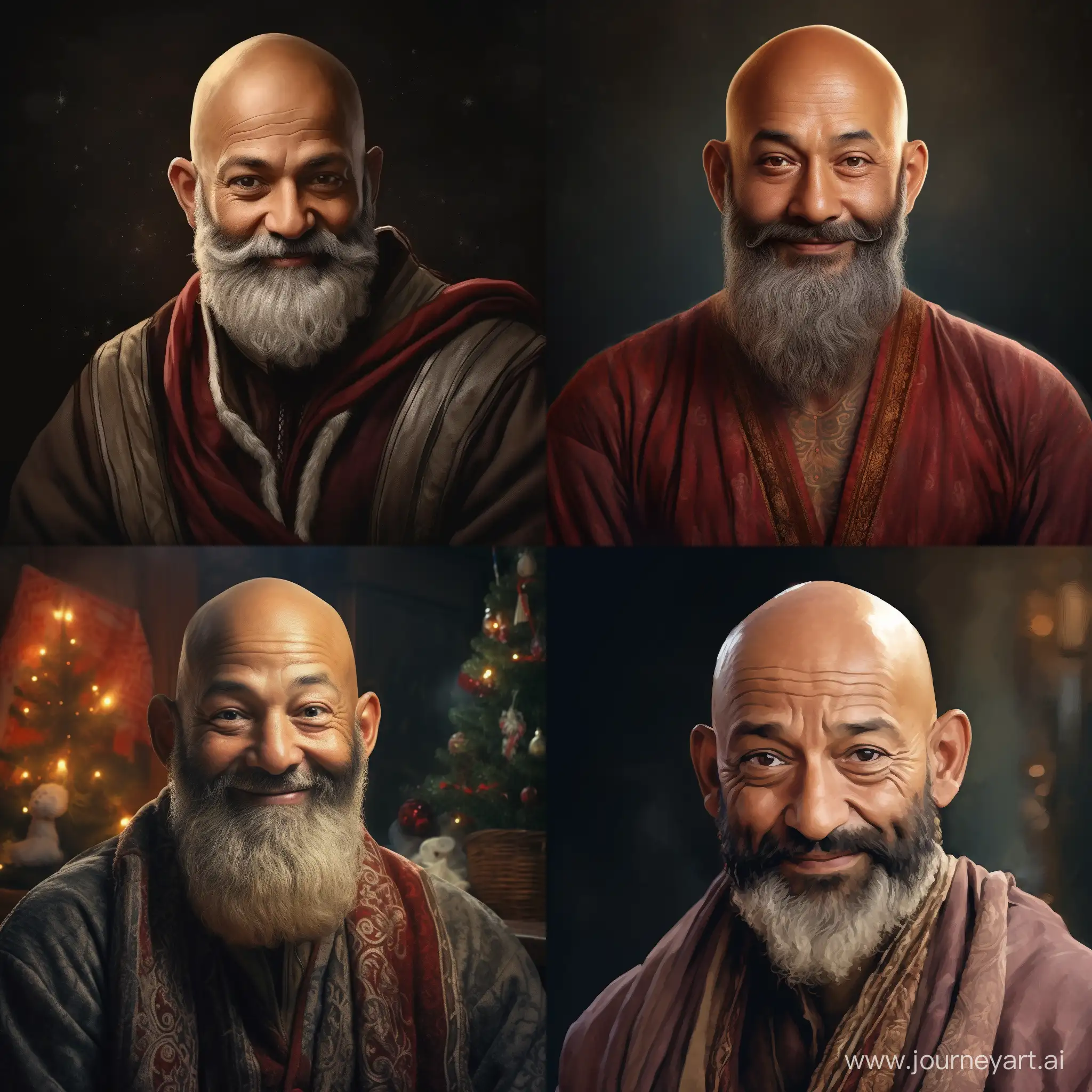a bald bearded man from Nepal, based on the movie- the night before Christmas, realistic style