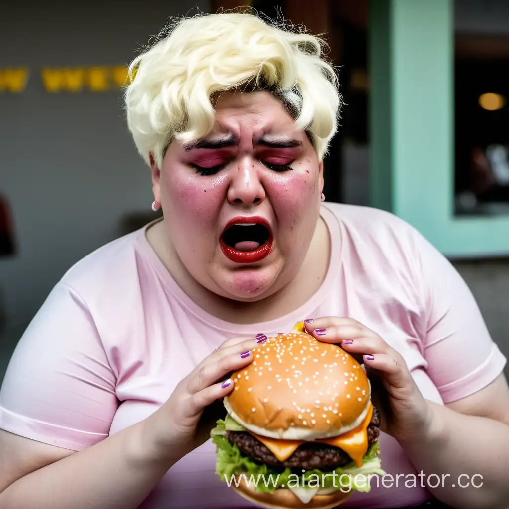 The overweight transgender person with short white hair eats a burger and cries.