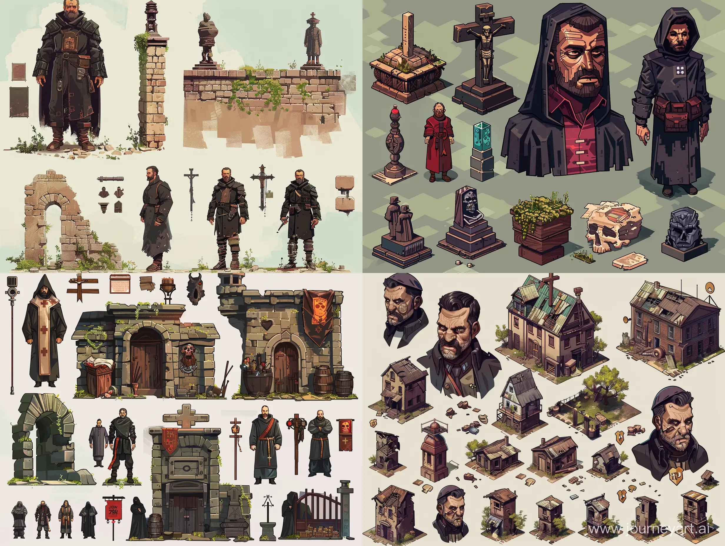 a set of sprite concepts for a 2D platformer. Cyberpunk is a Russian guy. Priest. Noir. A map of sprites. minimalism. post-apocalypse, brutalism. 8k. photorealism, unreal engine