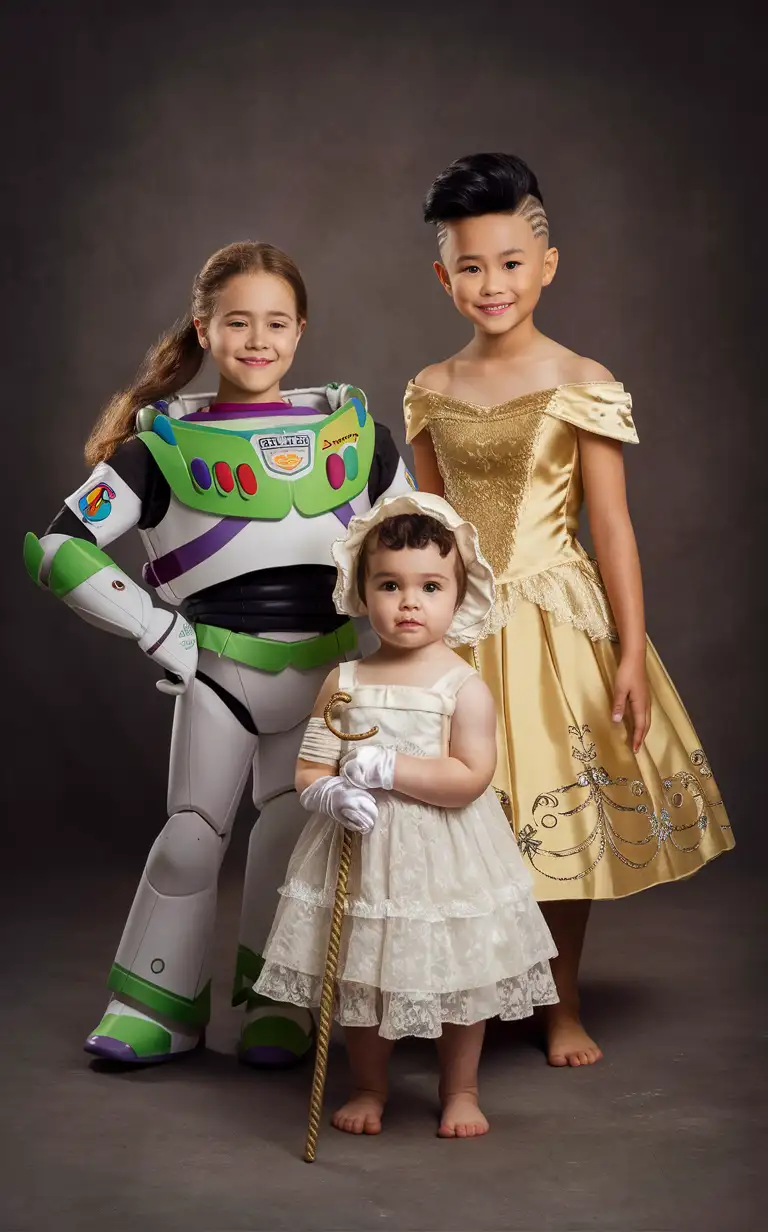Photograph of a 9-year-old girl with long hair in a ponytail wearing a Buzz Lightyear costume, a cute 7-year-old little boy with short smart hair in a quiff shaved on the sides is dressed up in a golden Belle Disney Princess dress, and a cute 5-year-old little short-brown-haired boy wearing a frilly white Bo Peep dress and gloves and bonnet holding a crook, English, perfect faces, perfect faces, smooth skin, white skin, (((Gender role-reversal)))