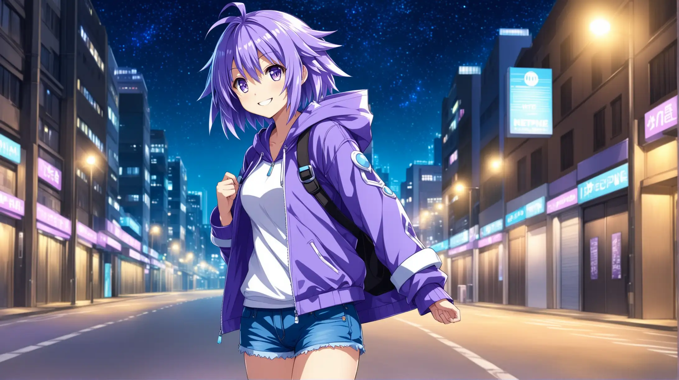 Neptune from Hyperdimension Neptunia Series Standing Alone in Urban Night Scene