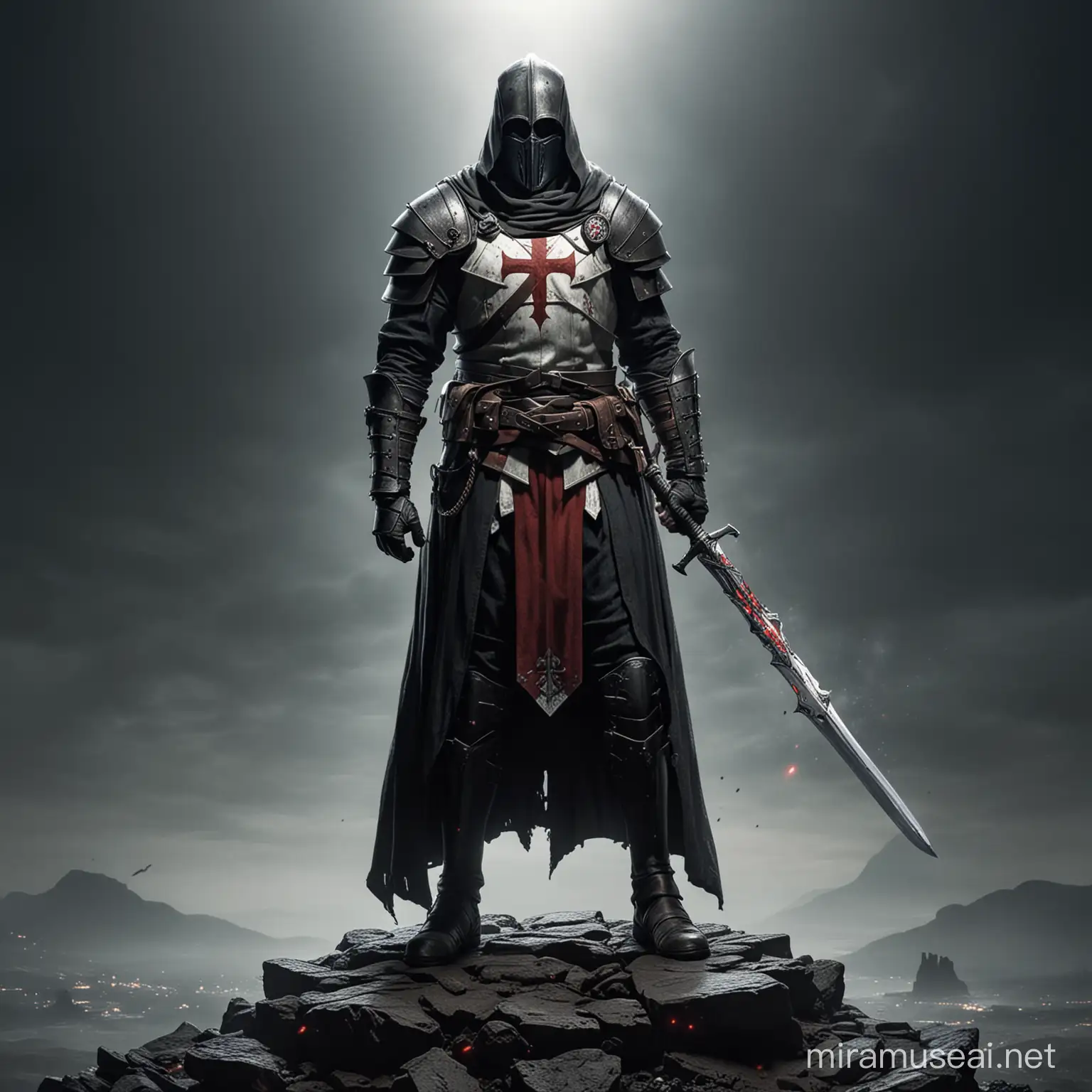 A night Templar, standing majestically, with sword 