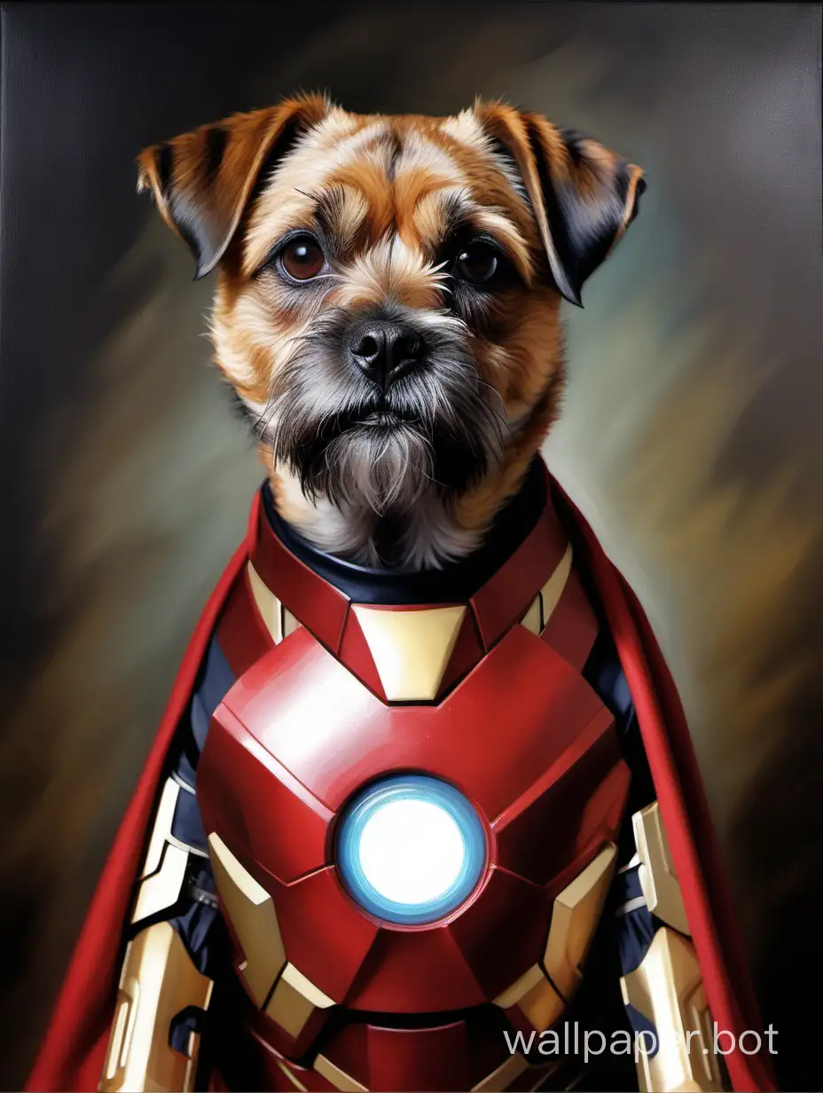 The classic portrait of a border terrier is a classical portrait painting, with the head of a dog on a human body, in the costume of Iron Man, hero costume, hero posing