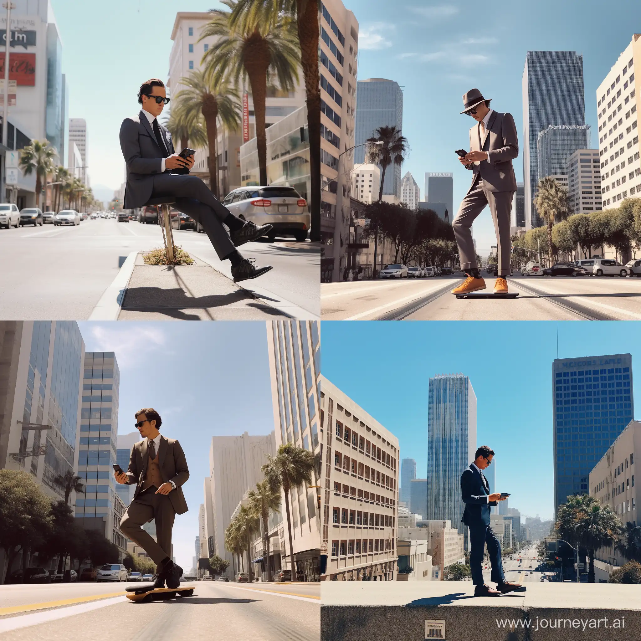 Urban-Businessman-Balancing-on-Skateboard-in-Downtown-LA