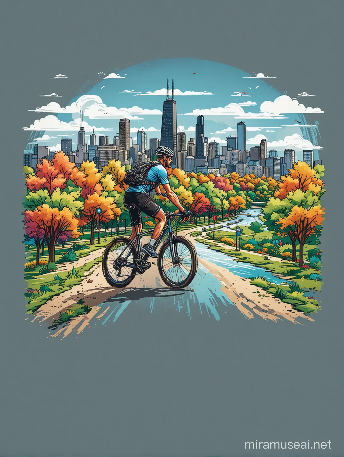 Create_an_exhilarating_tshirt_design_capturing_a_cyclist_riding_on_trails_around_a_park_with Chicago_skyline_300dpi_colorful