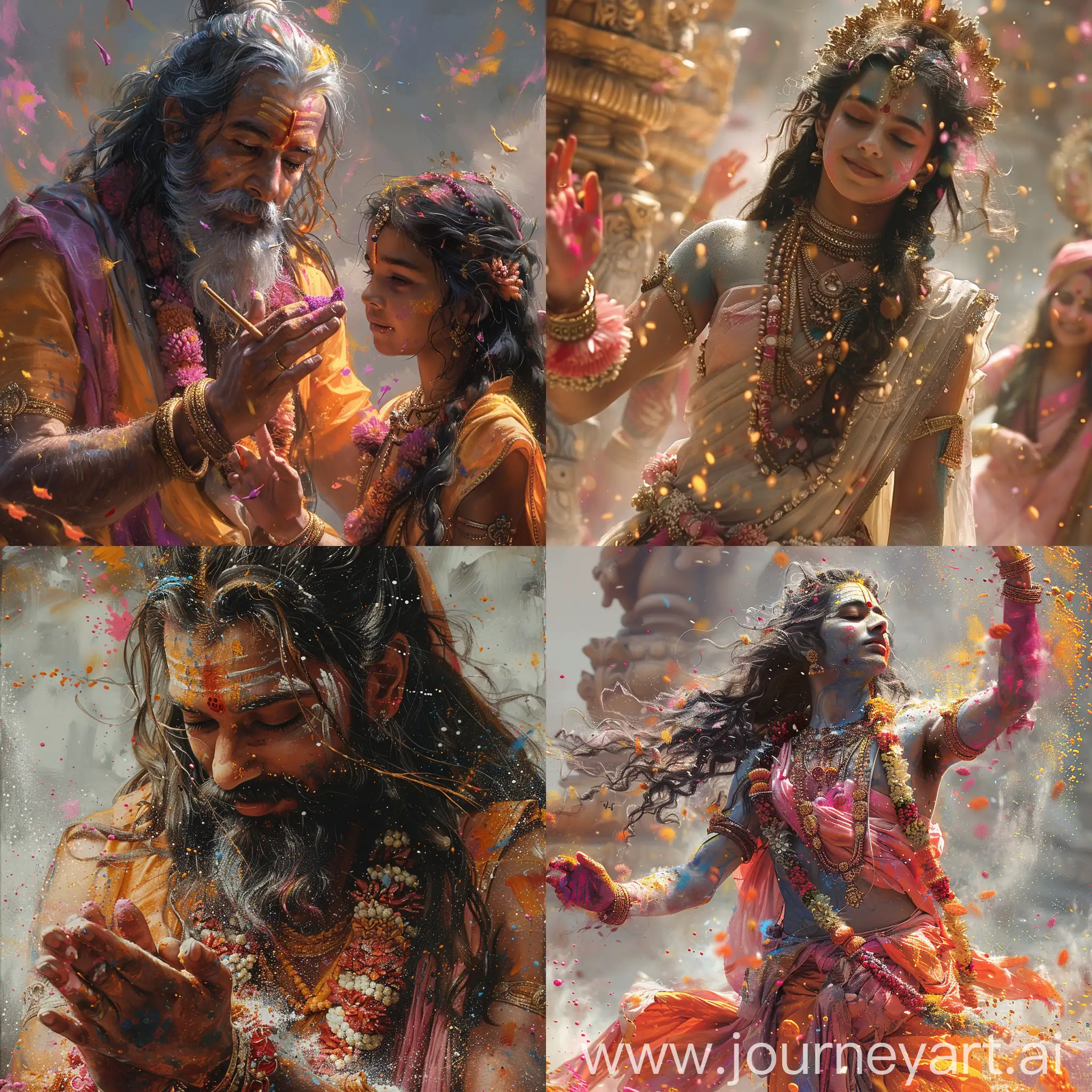 holi images with a beautiful Indian god Mahadev with a girl playing holi with him
 wo dancing around in colored paints, in the style of light gray and light bronze, spiritual meditations, dark gold and pink, bold and vibrant primary colors, expressive facial features, hurufiyya --ar 1:1 --stylize 750 --v 6