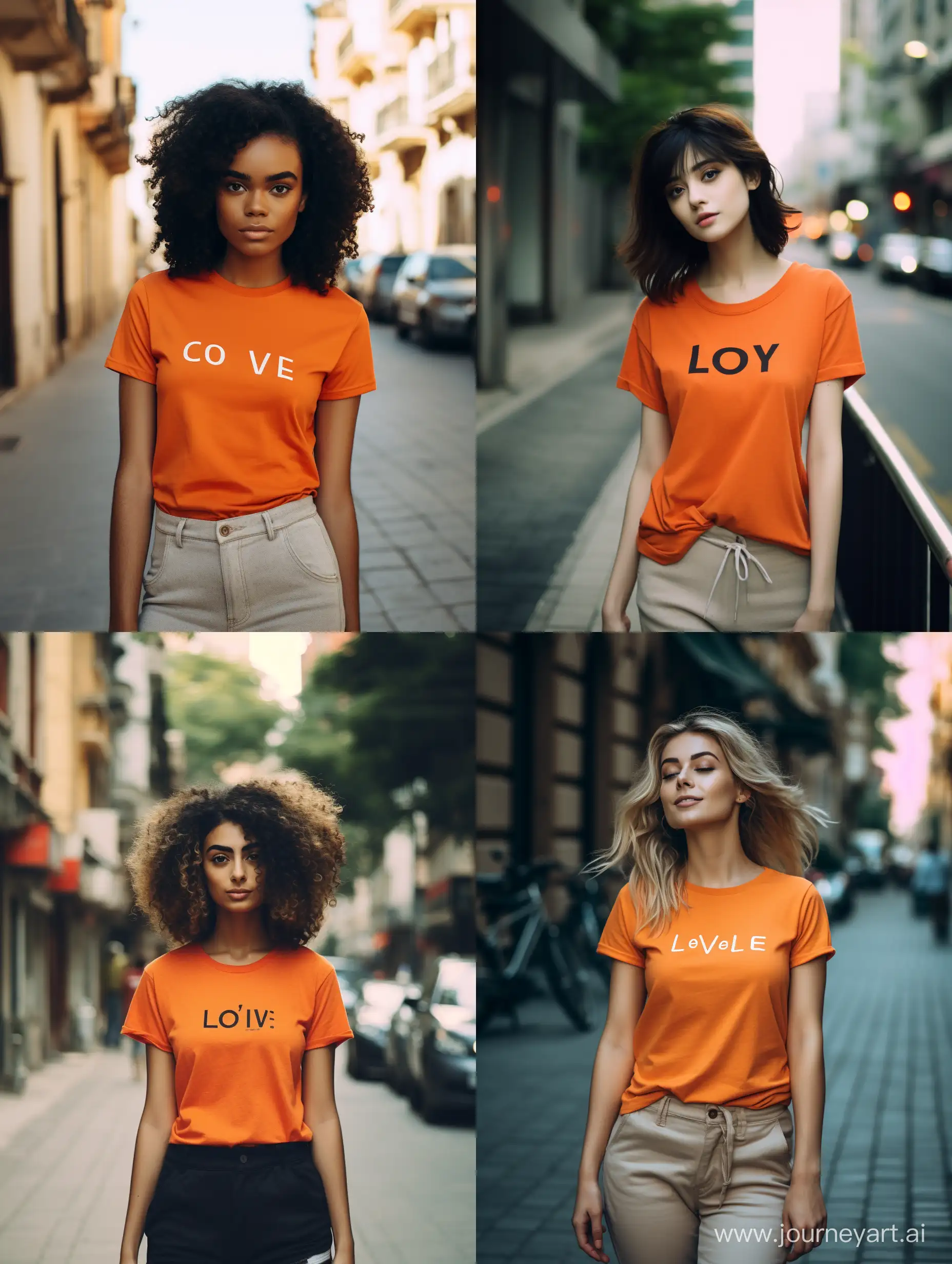 一个女孩走在街头，橙色T恤上写着“Love”