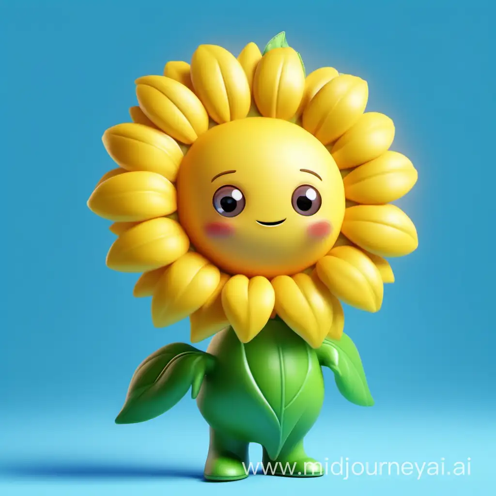 an adorable sunflower cartoon character that is wise and happy, in a transparent background, having 2 leaves as hands and a green teletubby body; use a pixar style