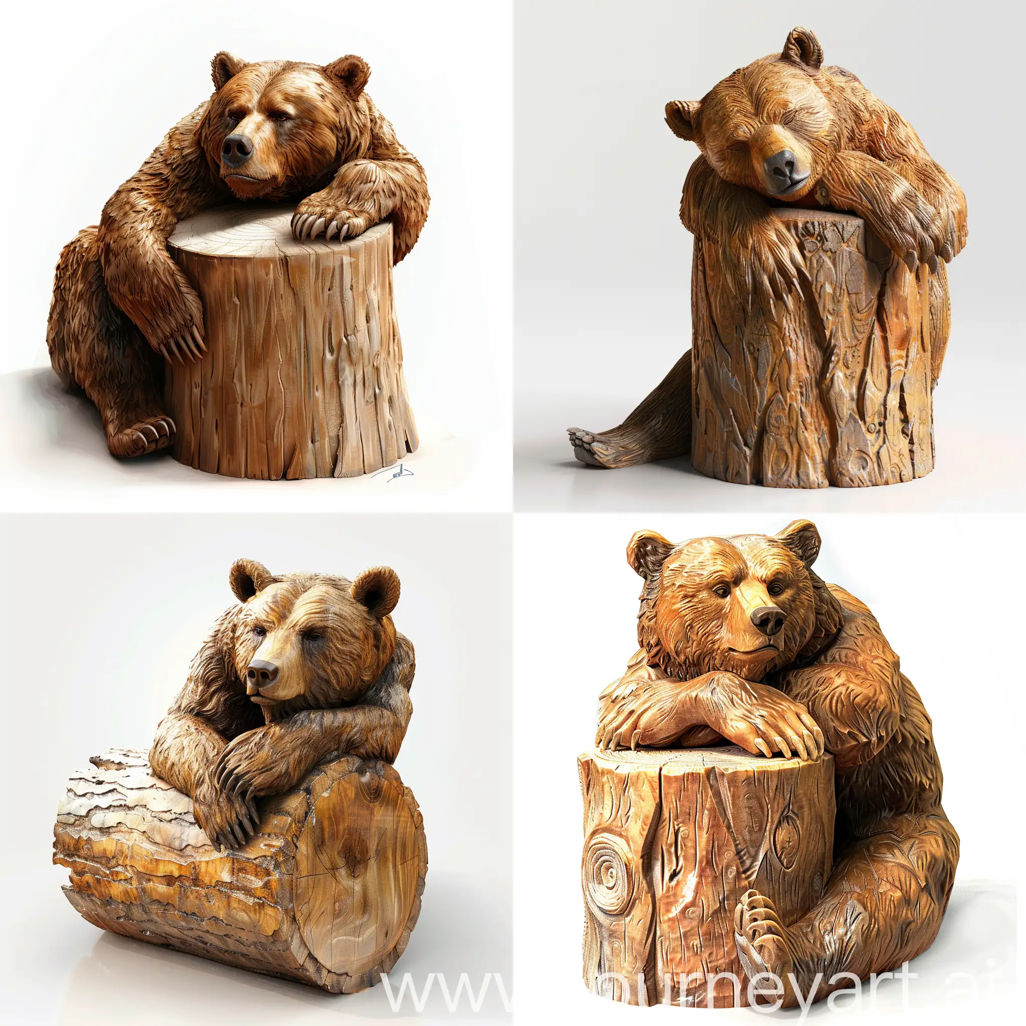 Professional sketch for wooden sculpture, a full-length a brown bear resting on a cylinder full-face and in profile, professional dynamic character, wood carving, white background, 8k Render, ultra realistic