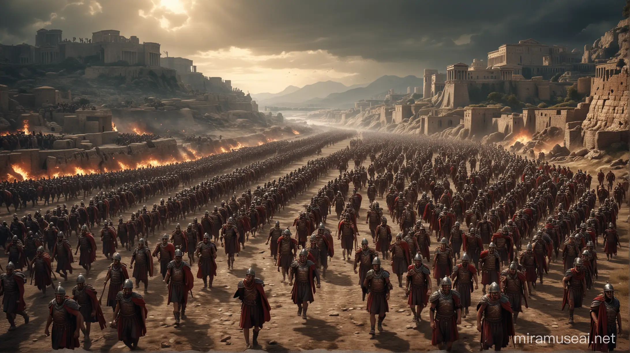 Ancient Roman Empire landscape, thousands of legionaries run to the battle against revolutionaries, tense atmosphere, dramatic lighting, ultra realistic