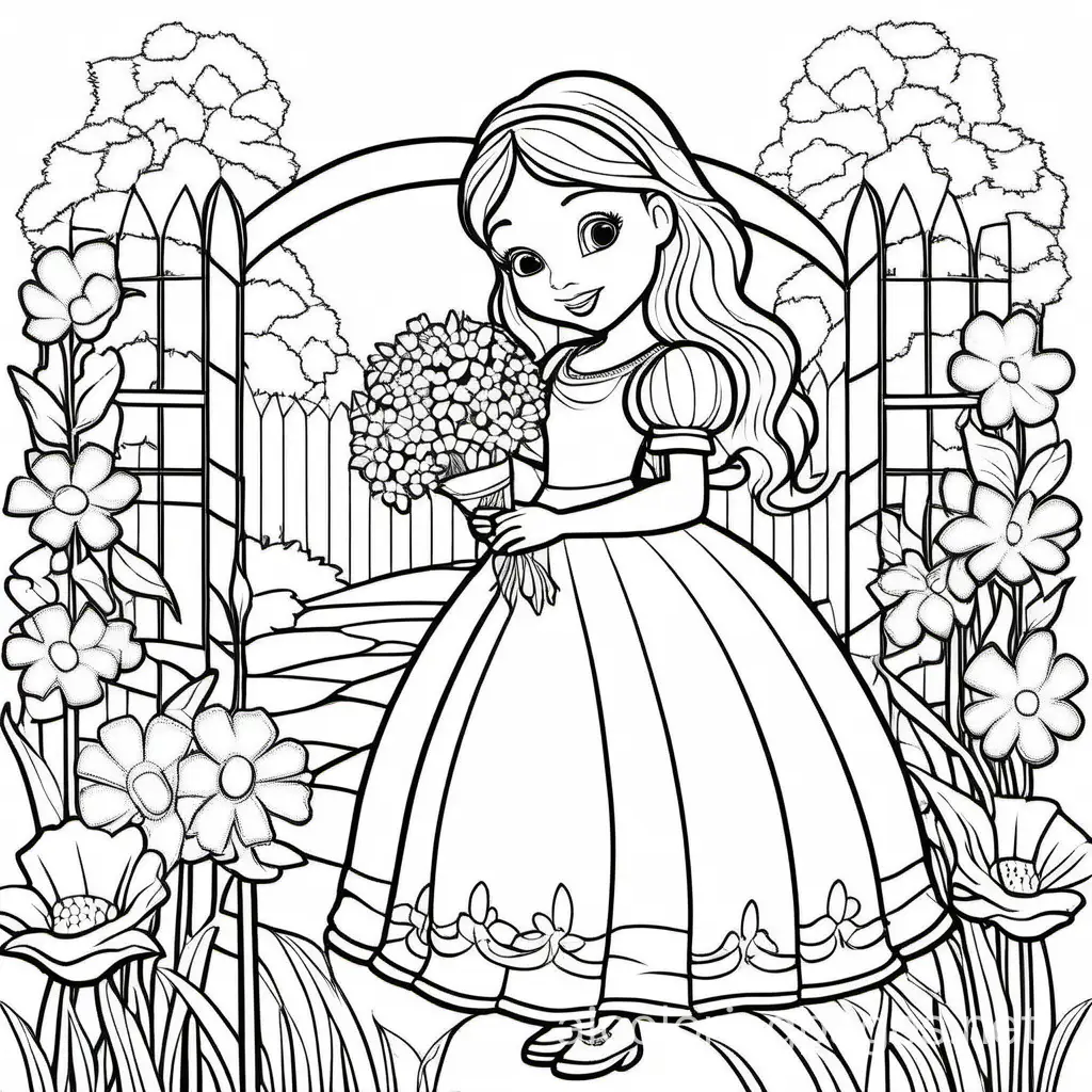 princess with flowers in hands in a garden, Coloring Page, black and white, line art, white background, Simplicity, Ample White Space. The background of the coloring page is plain white to make it easy for young children to color within the lines. The outlines of all the subjects are easy to distinguish, making it simple for kids to color without too much difficulty