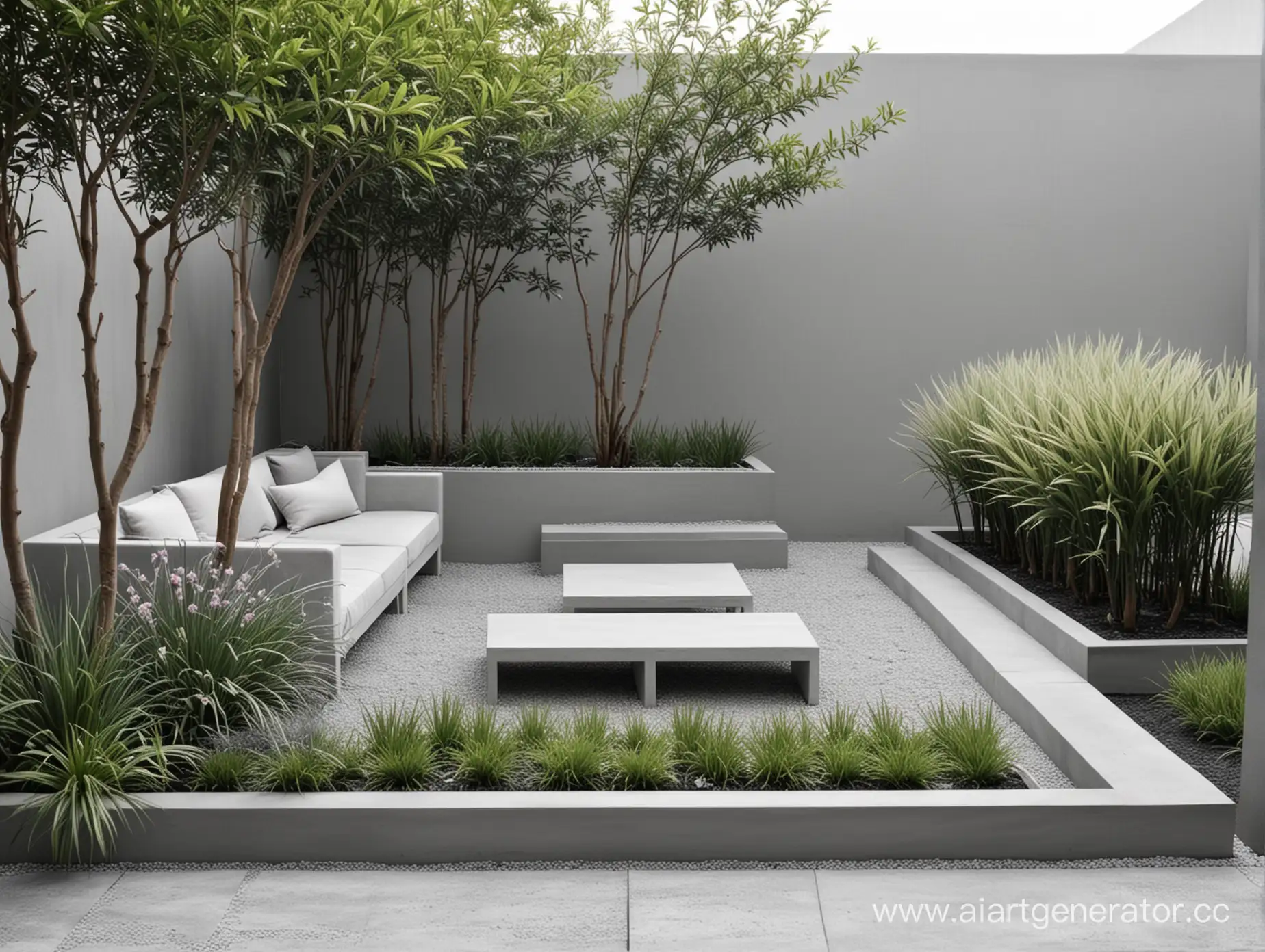 интерьерный дизайн минимализм серые пастельные тона сад 
