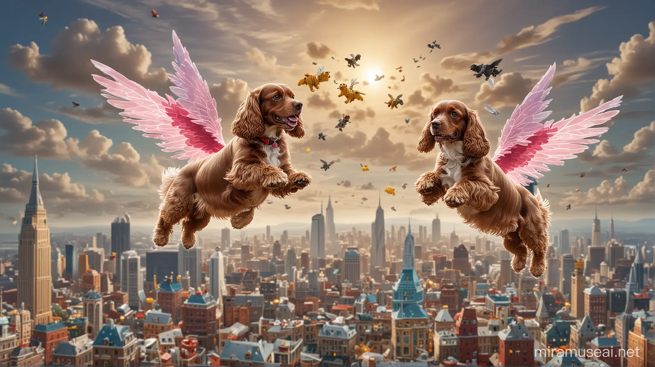 Two cocker spaniels with fairy wings flying over a city made of legos