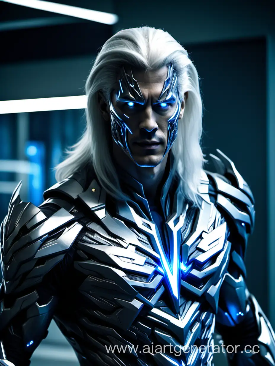 A handsome and gloomy man with long white hair wearing a cyborg costume like Savitar from the series "Flash" 