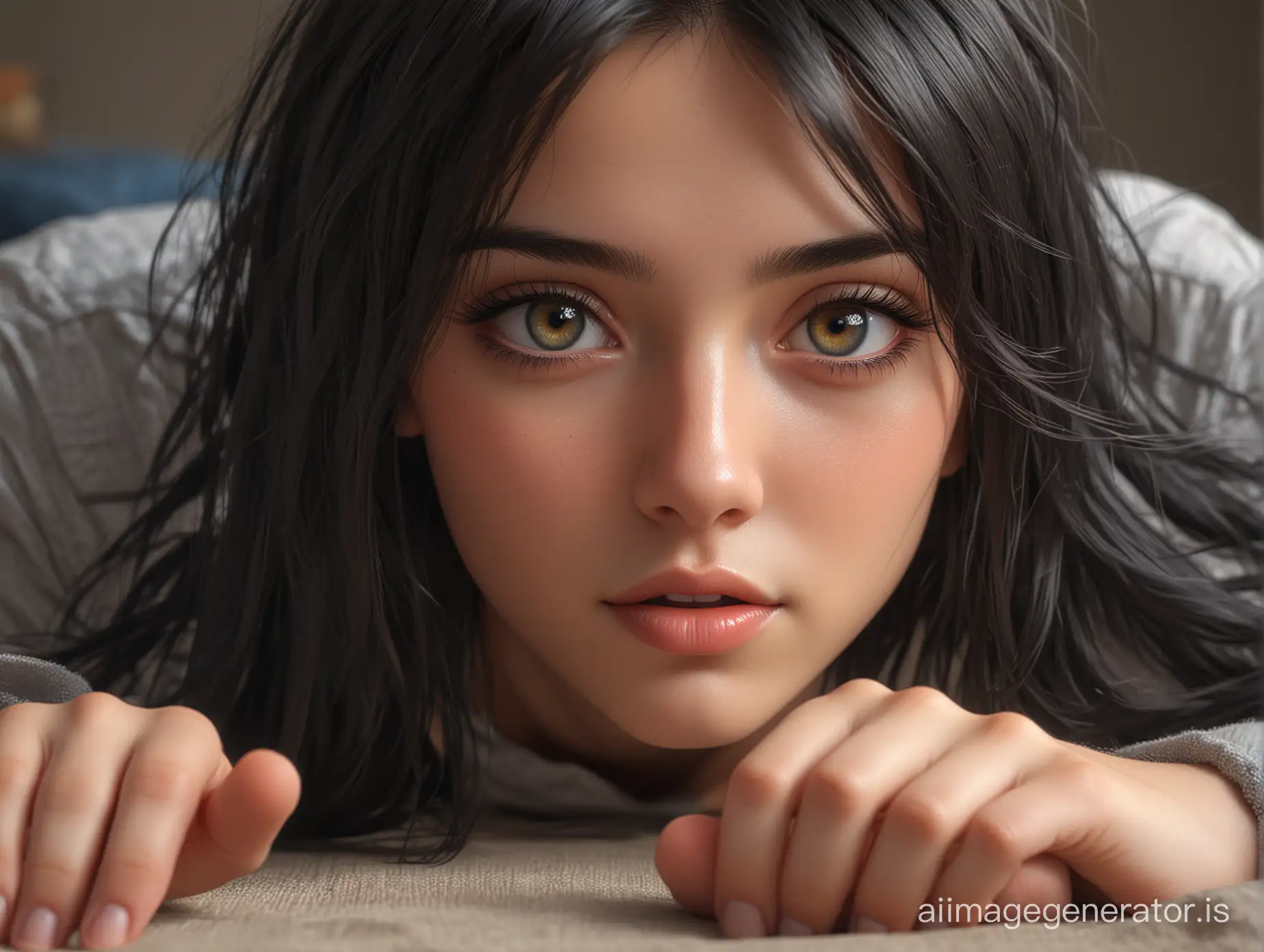 digital painting, looking into camera hyperrealistic, detailed clothing, highly detailed, cinematic lighting, stunningly beautiful, intricate, sharp focus, bright eyes, clear eyes, warm smile, smooth soft skin, big dreamy eyes, beautiful intricate colored black hair, symmetrical, anime wide eyes, soft lighting, detailed face, lying on floor with hands up, full body, HDR 4K, 8K, ((bright soft diffused light)), volumetric fog, actual 8K