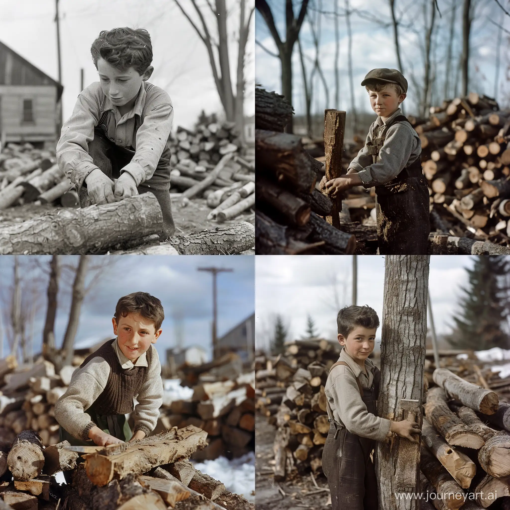 A 14-year-old boy cutting wood in Canada in 1944