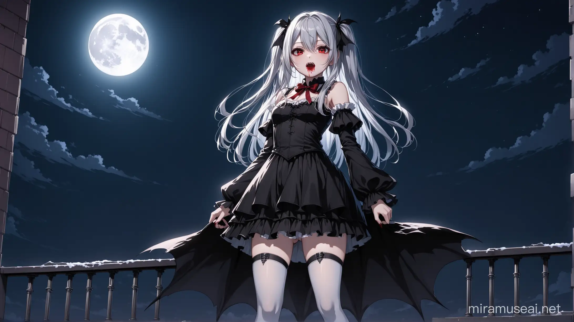 Aesthetic Chloe Sakamata a young and cute vampire girl, long silver hair and vampire fangs and red eyes standing on building rooftop, school grounds, low angle, from below, night, Dutch angle, full moon, high detail, ((best quality)), ((high quality)), high detailed eyes, wearing a gothic style black outfit with detached sleeves, white thigh highs stockings, wide irises, cold expression, standing, full body, illumination moonlight, two side up, shadow, blood