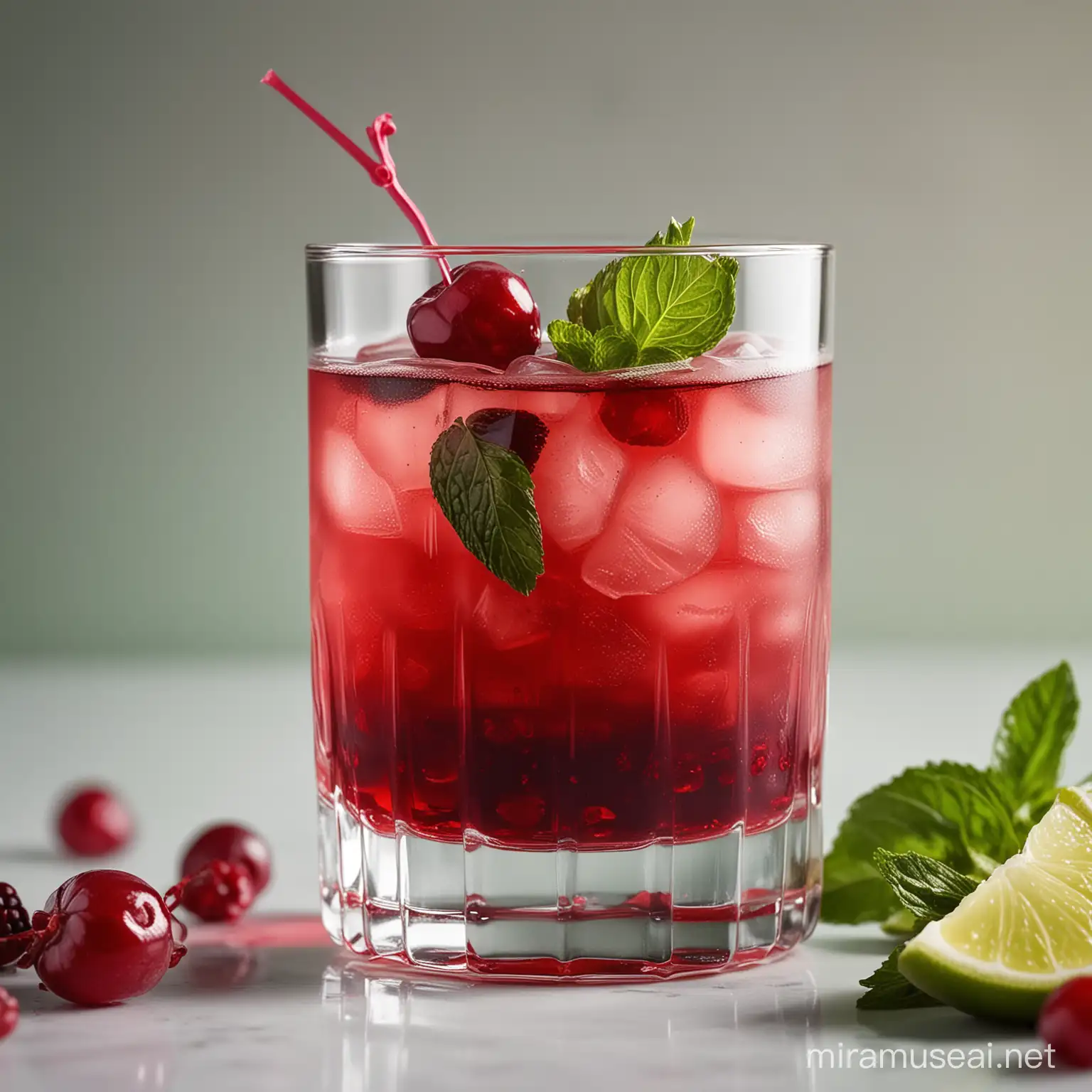 IMAGE_TYPE: Food Photography | GENRE: Refreshing | EMOTION: Invigorating | SCENE: A vibrant Crimson Berry Delight non-alcoholic cocktail in a chilled glass, garnished with fresh mint leaves and a lime wedge, set against a bright, colorful background | ACTORS: None | LOCATION TYPE: Studio | CAMERA MODEL: Canon EOS 5D Mark IV | CAMERA LENSE: 100mm f/2.8 Macro | SPECIAL EFFECTS: Bright, vivid colors | TAGS: non-alcoholic cocktail, Crimson Berry Delight, refreshing, mixed berries, pomegranate, cranberry, lime, mint, food photography --ar 4:5